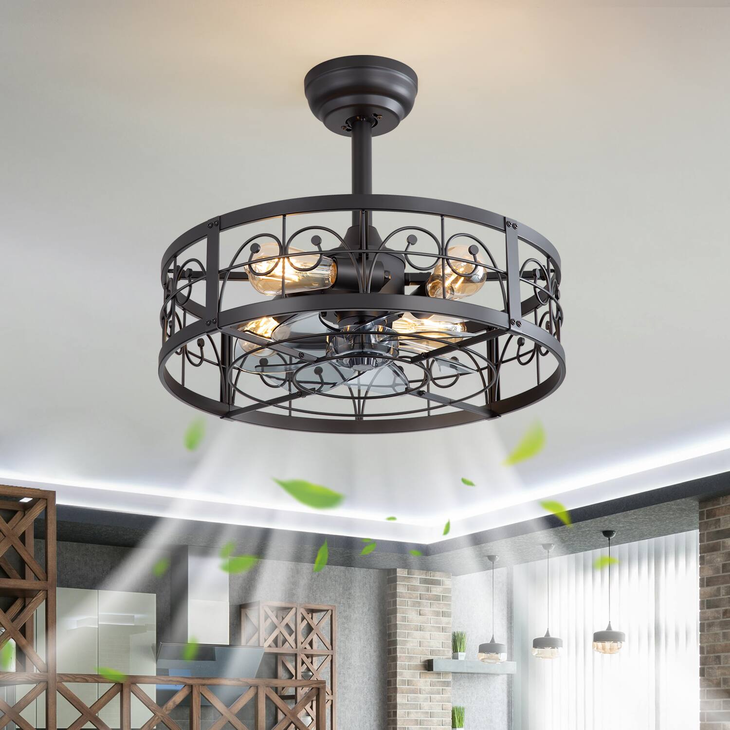 Alt View 1. Breezary - Breezary 20'' Indoor Caged Ceiling Fan with with Light Kit and Remote, KD Version, 7 ABS Blades, 6-Speed DC Motor, Timer - Matte Black.