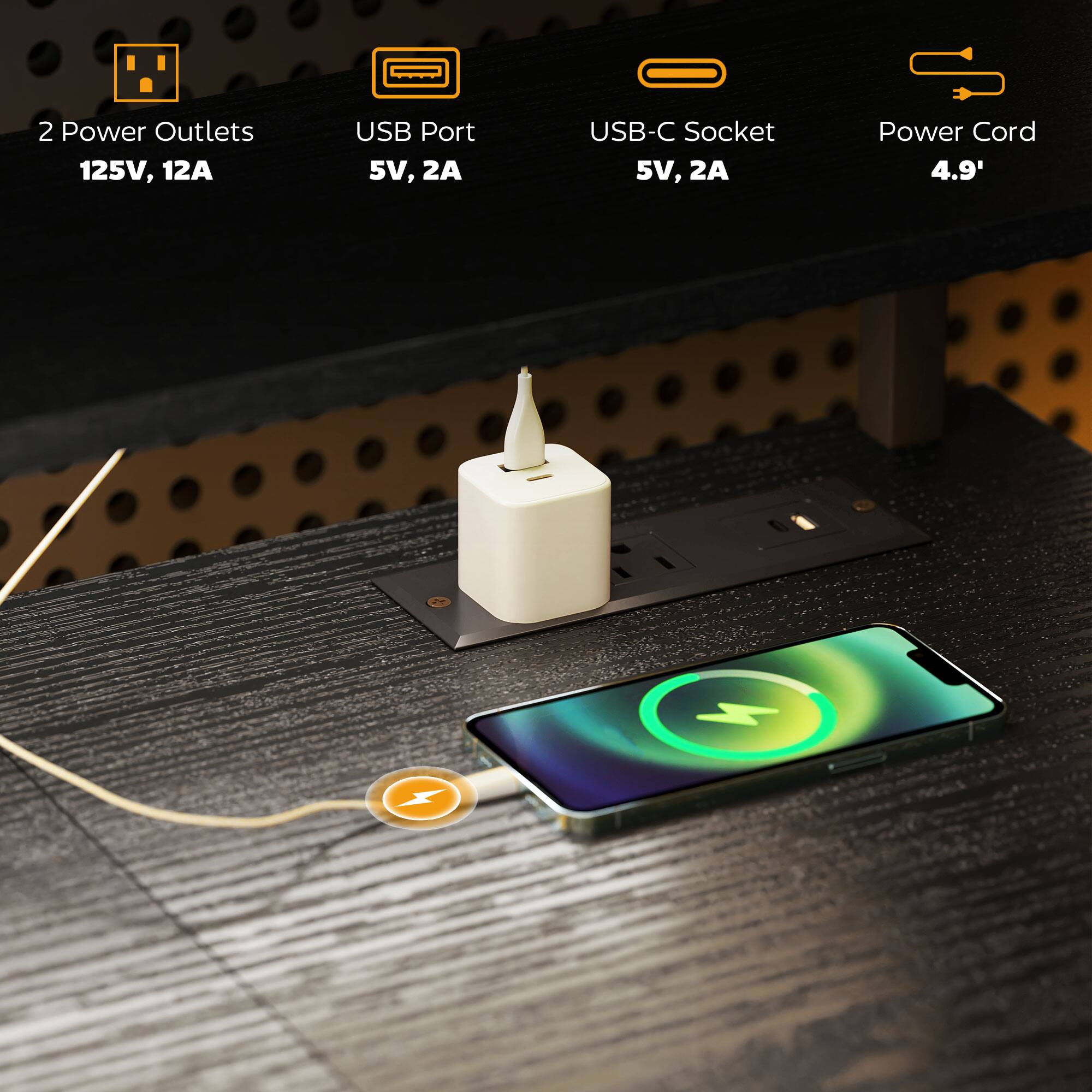 2 Power Outlets 125V, 12A, USB Port 5V, 2A, USB-C Socket 5V, 2A, Power Cord 4.9'