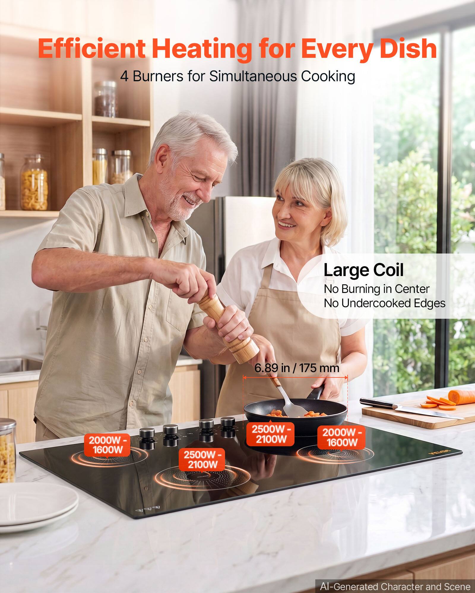 Efficient Heating for Every Dish  
4 Burners for Simultaneous Cooking  

Large Coil  
No Burning in Center  
No Undercooked Edges  

6.89 in / 175 mm  

2000W - 1600W  
2500W - 2100W  
2500W - 2100W  
2000W - 1600W  

VEGA  

AI-Generated Character and Scene