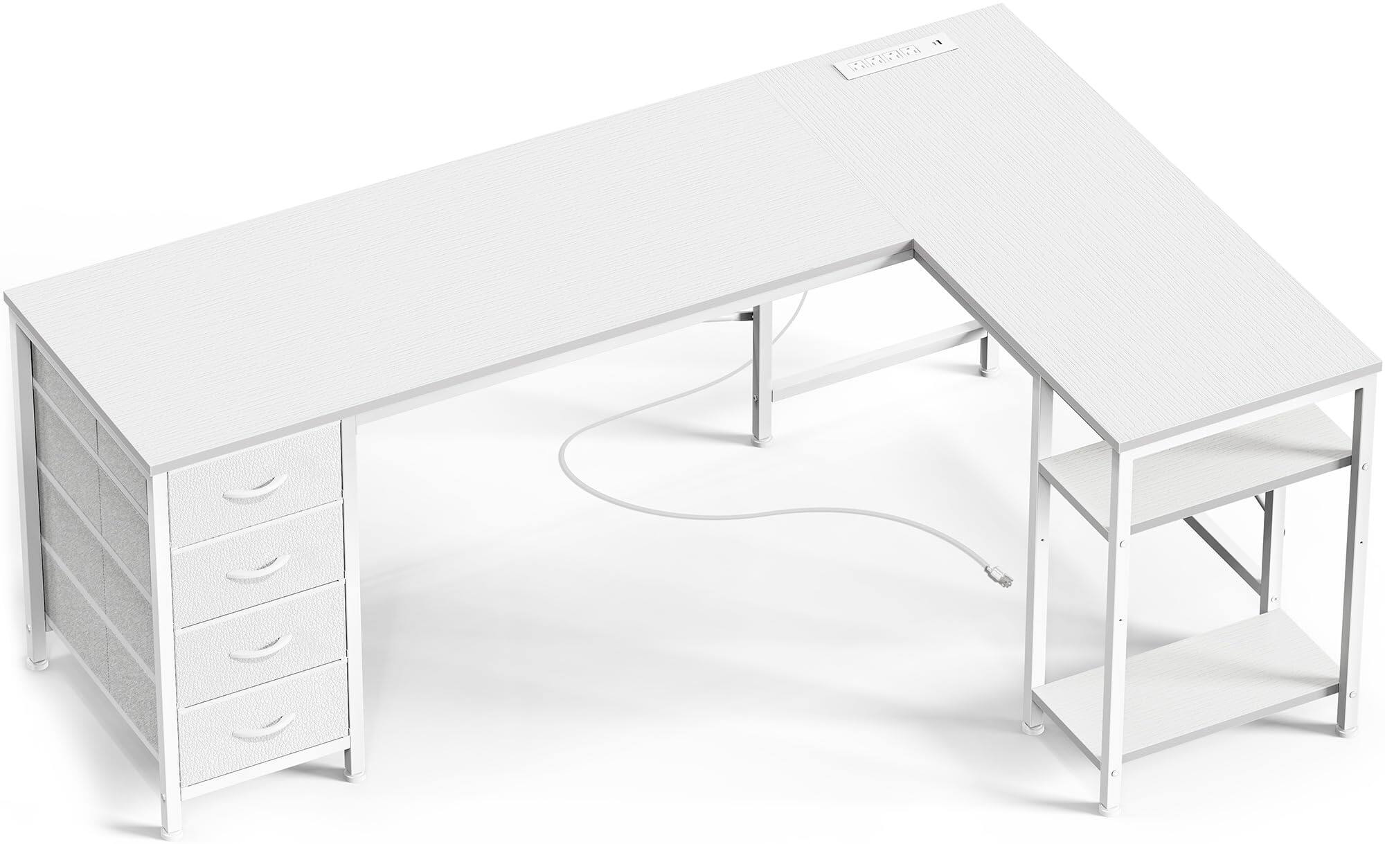Front. Hirose Alice - Huuger nch L Shaped Desk with Fabric Drawers, Reversible Computer Gaming Desk with Power Outlets and USB-C ... - White 63 inch.