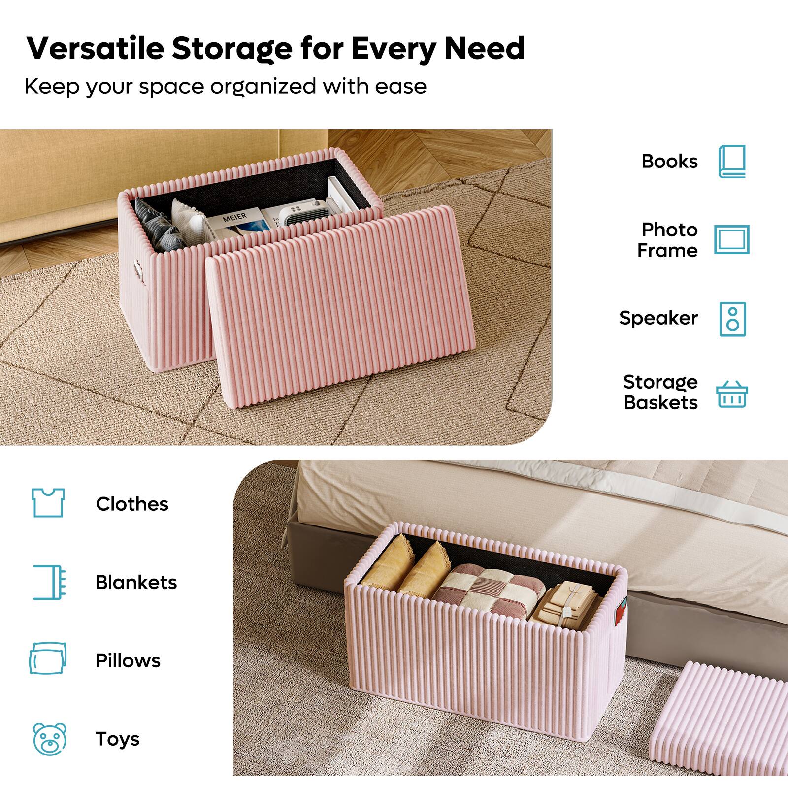 Books, Photo Frame, Speaker, Storage Baskets, Clothes, Blankets, Pillows, Toys