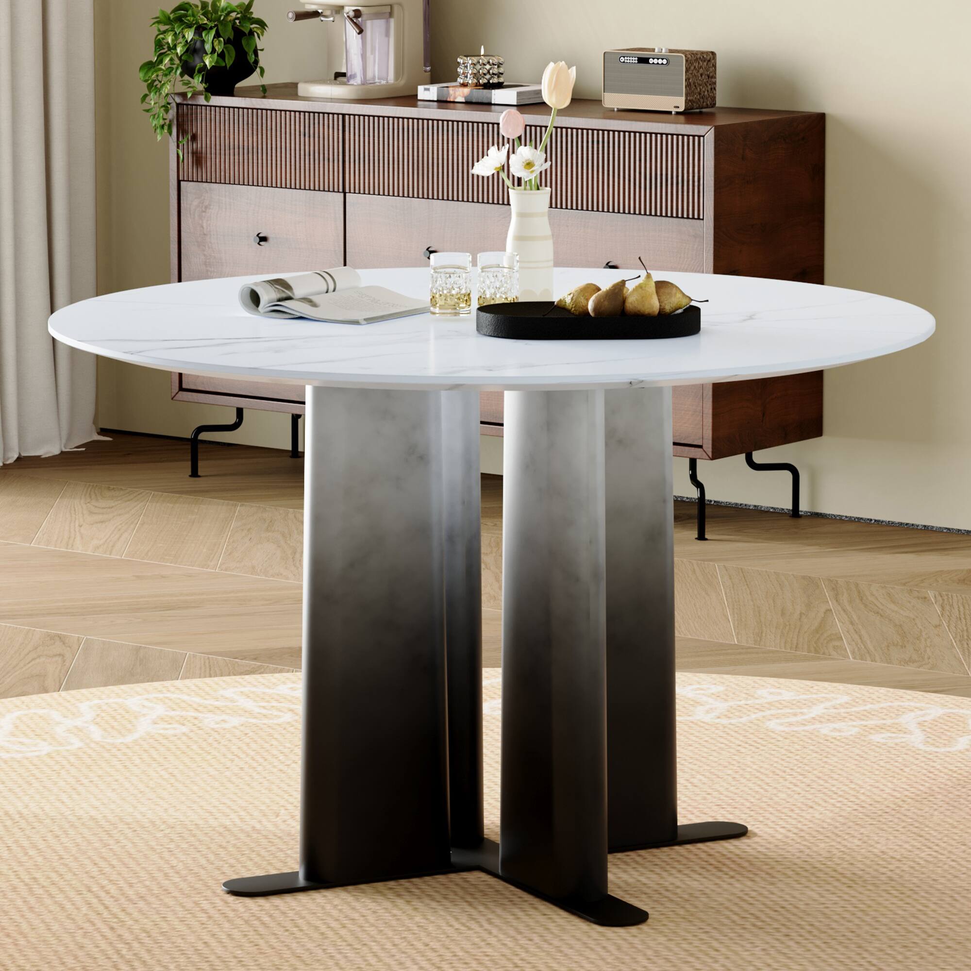 Angle. Loheer - Loheer- 3.94ft Round Faux Marble Dining Table Modern Compact Kitchen Table with Cross Base for Small Spaces - White.