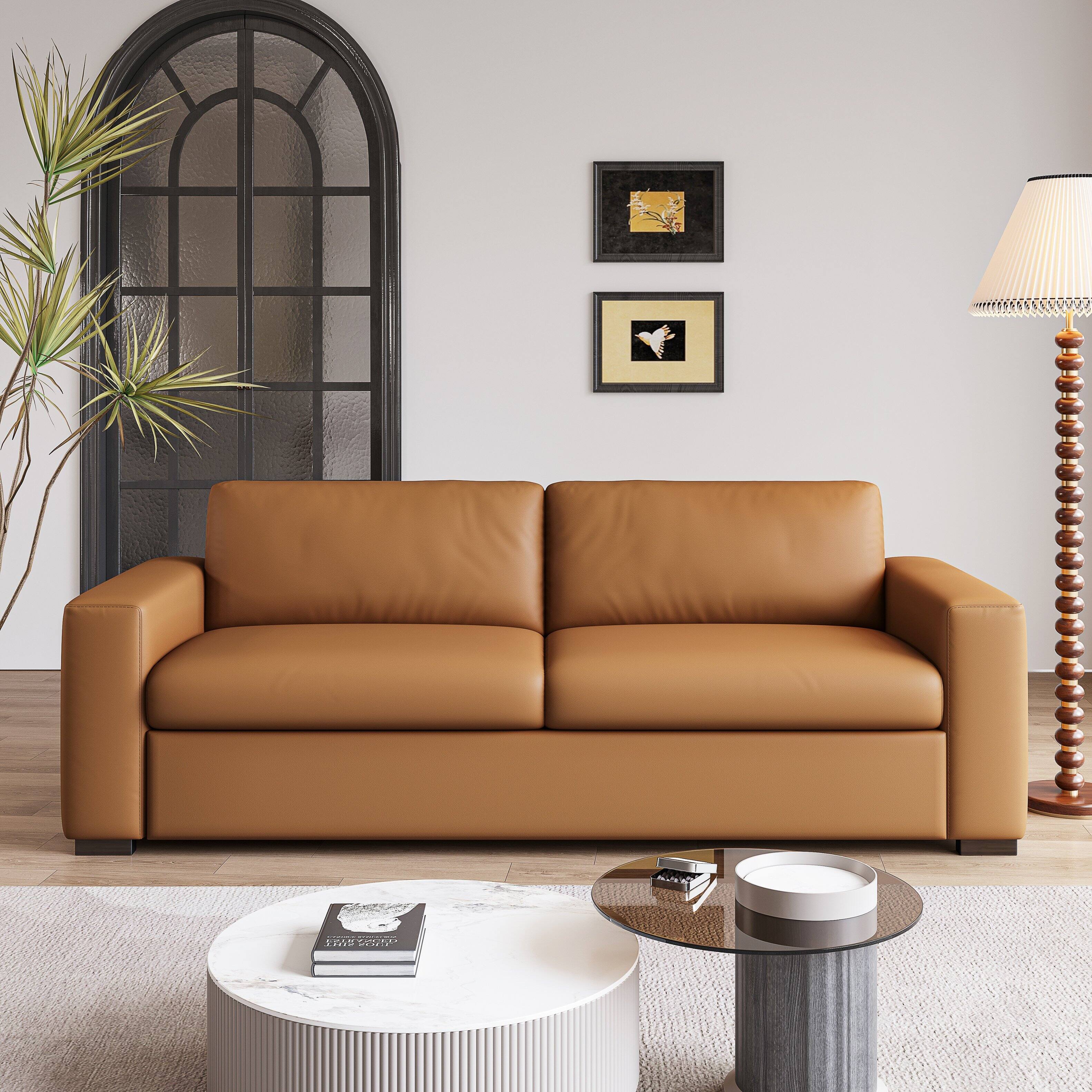 Front. MSOOB - 82.7" Leather Sofa Couch Square Arm Upholstered Sofa, Mid-Century Modern Style Loveseat for Living Room and Small Space - Orange.