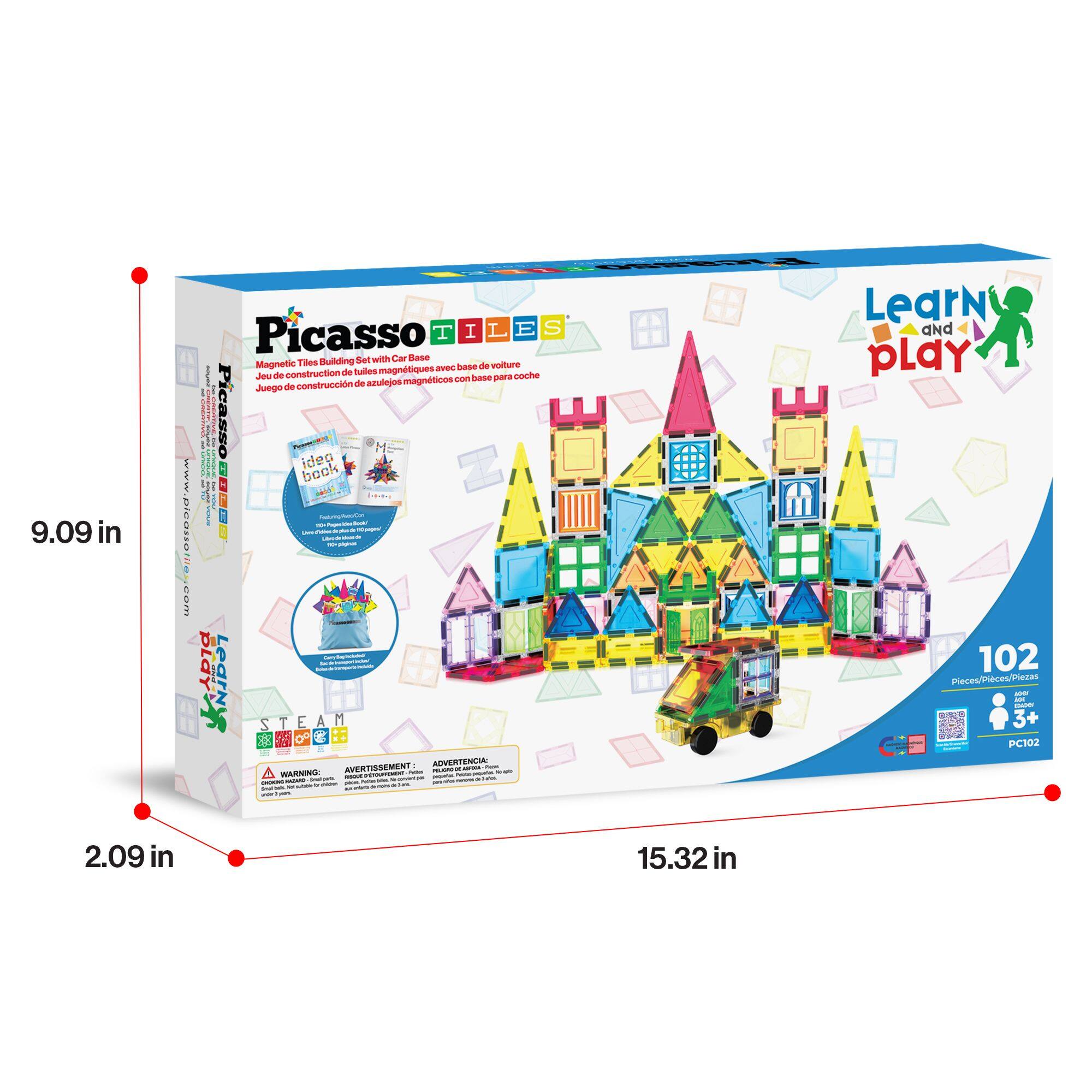9.09 in www.learnpicasso.com Picasso T I L E S Set with Car Base Magnetic Tiles Building base de voiture tulles magnétiques aoi de construction de coche 1 Jou c hase para construccin de anulejos magnéticos Juego de I ! Picasso M idea beck :  Lipa LearN A M STEAM 2 T E 5 o ADVERTENCIA WARNNG VERTISSEMENT - - - - - - LearN aNd pLay 102 Pleceg/Pieces/Tresas i - 3+ | PC102 - 2.09 in 15.32 in