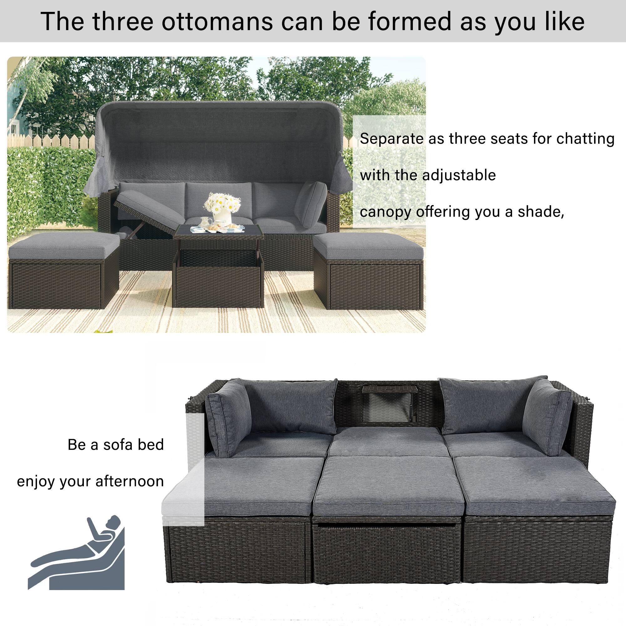 The three ottomans can be formed as you like

Separate as three seats for chatting with the adjustable canopy offering you a shade,

Be a sofa bed enjoy your afternoon