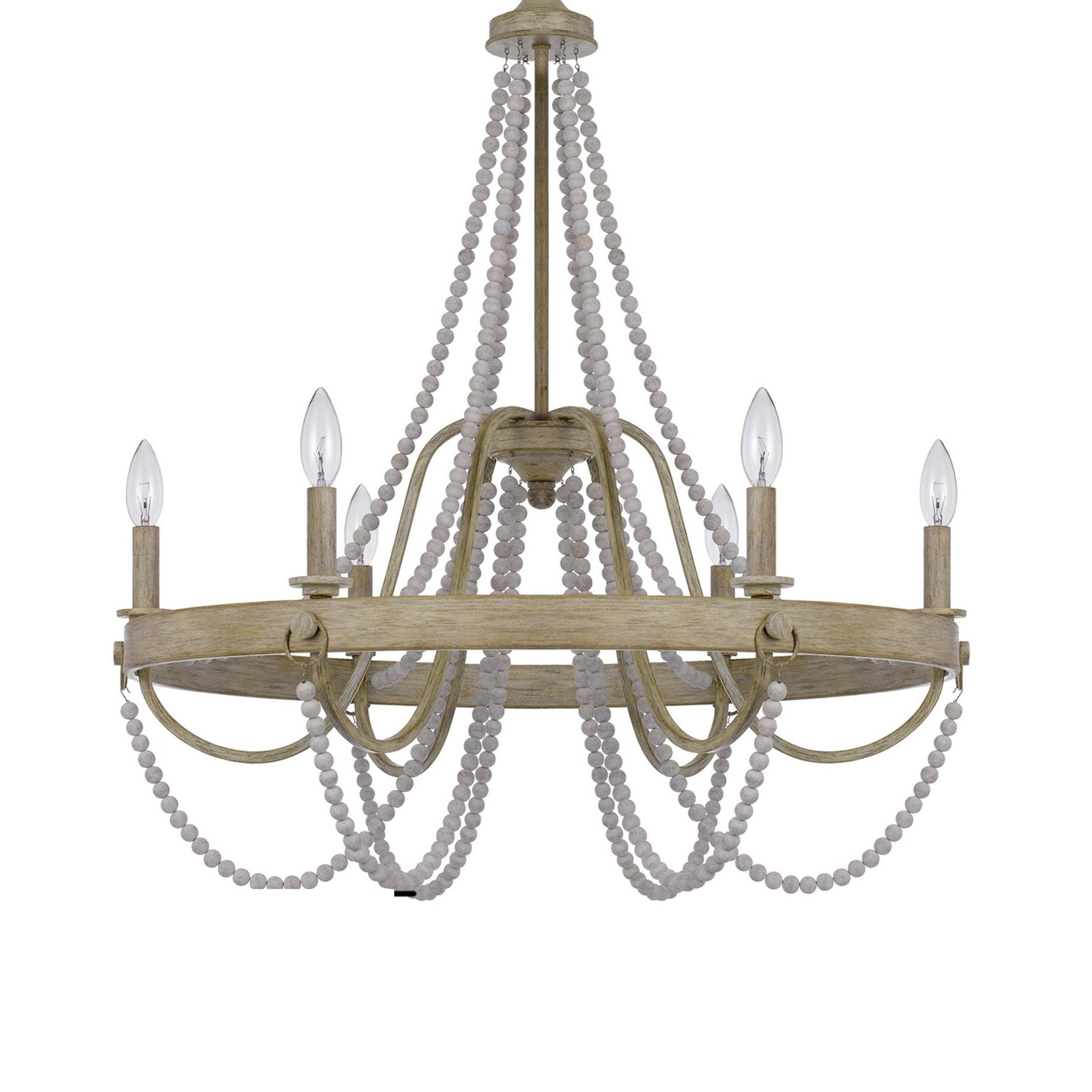 Back. Manhattan Lane - Maci 28 Inch Chandelier, White Beaded Candelabra Design, Wood - Brown, White.
