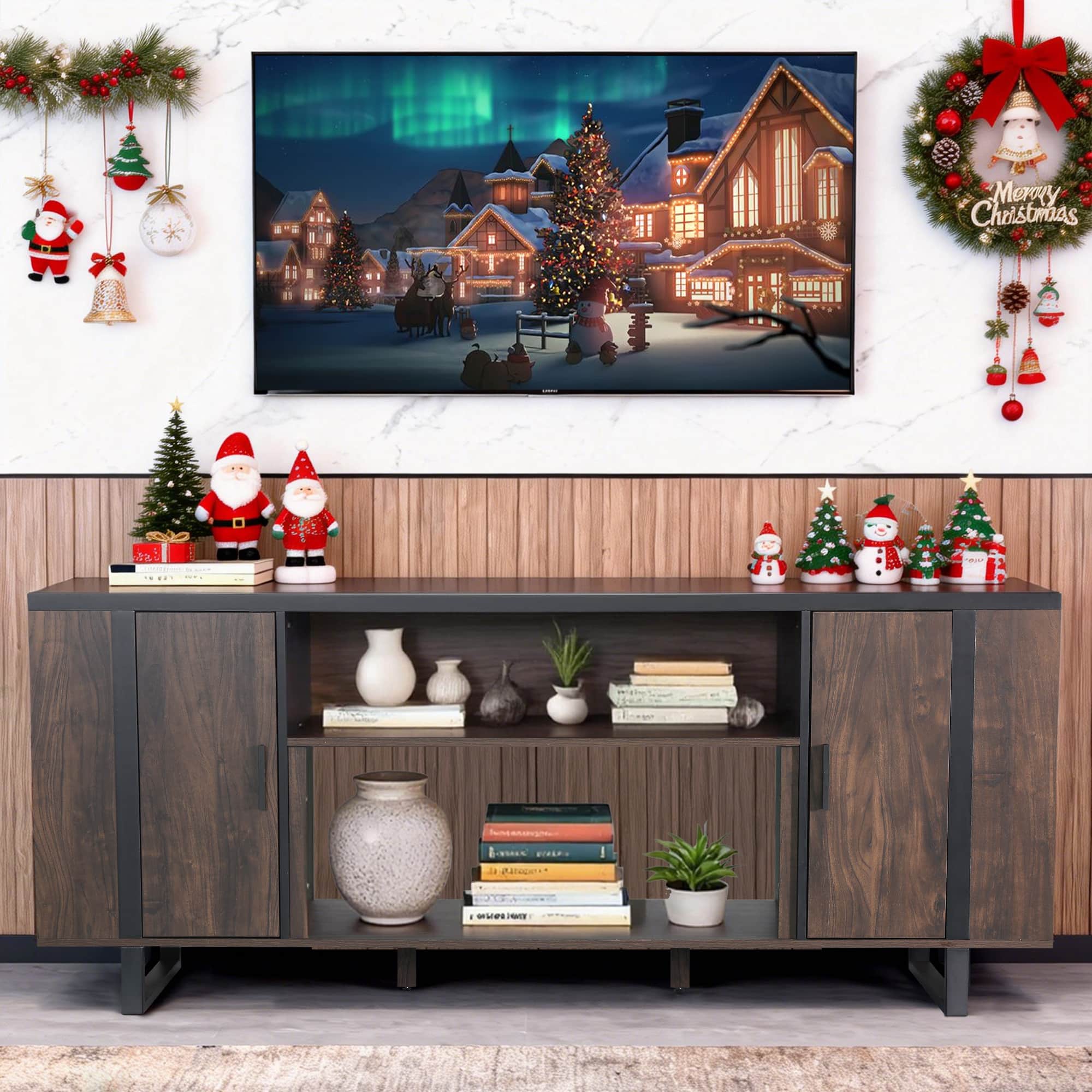 Ihomeadore - 72" Modern TV Stand Entertainment Center with Open Storage Shelves and Cabinets for TV up to 65" - Brown