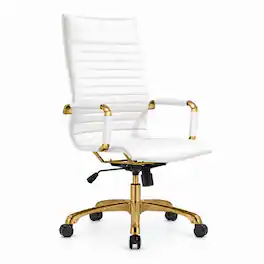 LeisureMod - Harris Modern Ergonomic High Back Leather Office Chair, Gold Stainless Steel Frame, Adjustable Swivel & Tilt Desk Chair - White