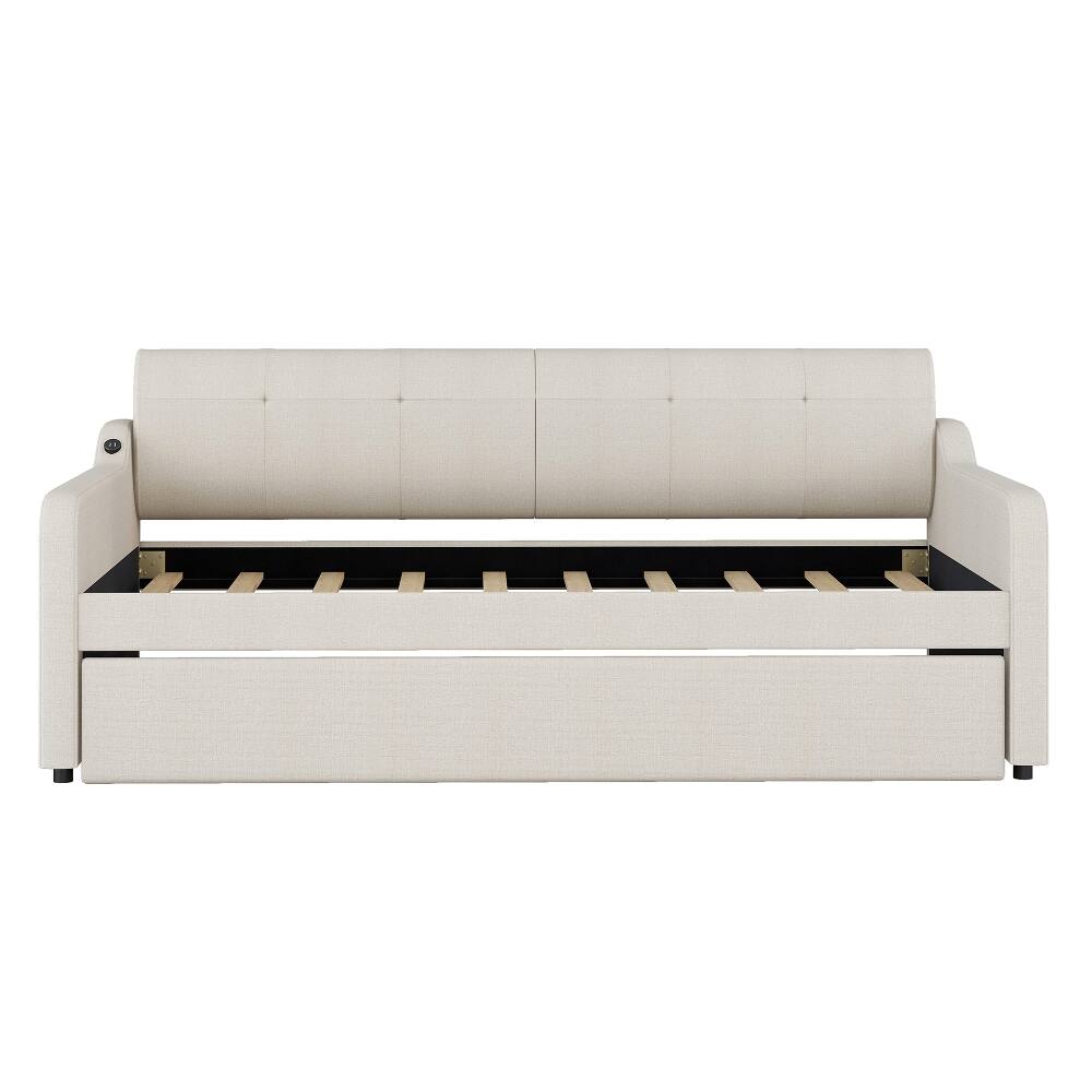 Alt View 4. Loheer - Loheer Twin Daybed with Trundle Upholstered Beige Sofa Bed USB - Beige.