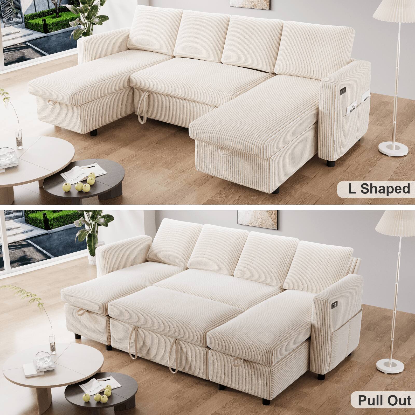 Dyonery - 105" Pull Out Sleeper Sofa Bed, U-Shaped Corduroy Sectional Couch, 3-Seater Convertible Sofa with Hidden Storage - Beige