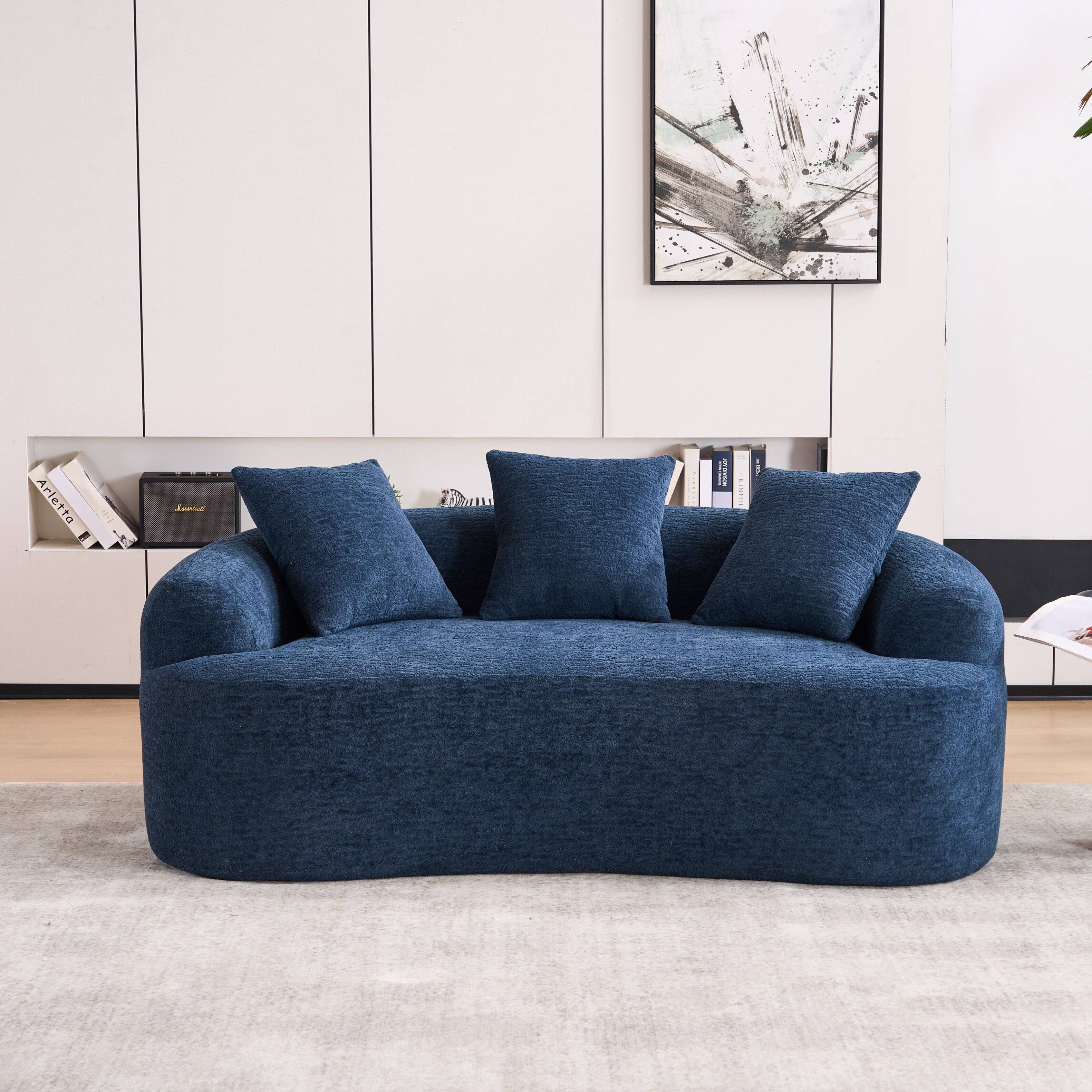 Alt View 2. Boyel Living - Curved Loveseat Sofa 30D Compression Foam Chenille Upholstery No Assembly Compact for Small Spaces White 65 Inch - Blue.