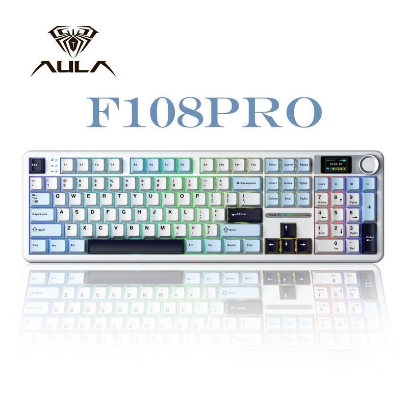 AULA - F108 Pro, 104-Key Wireless Hot Swappable Mechanical Gaming Keyboard, RGB, Knob, 8000 mAH Battery, Digital Screen - Blue / White / Black Purple