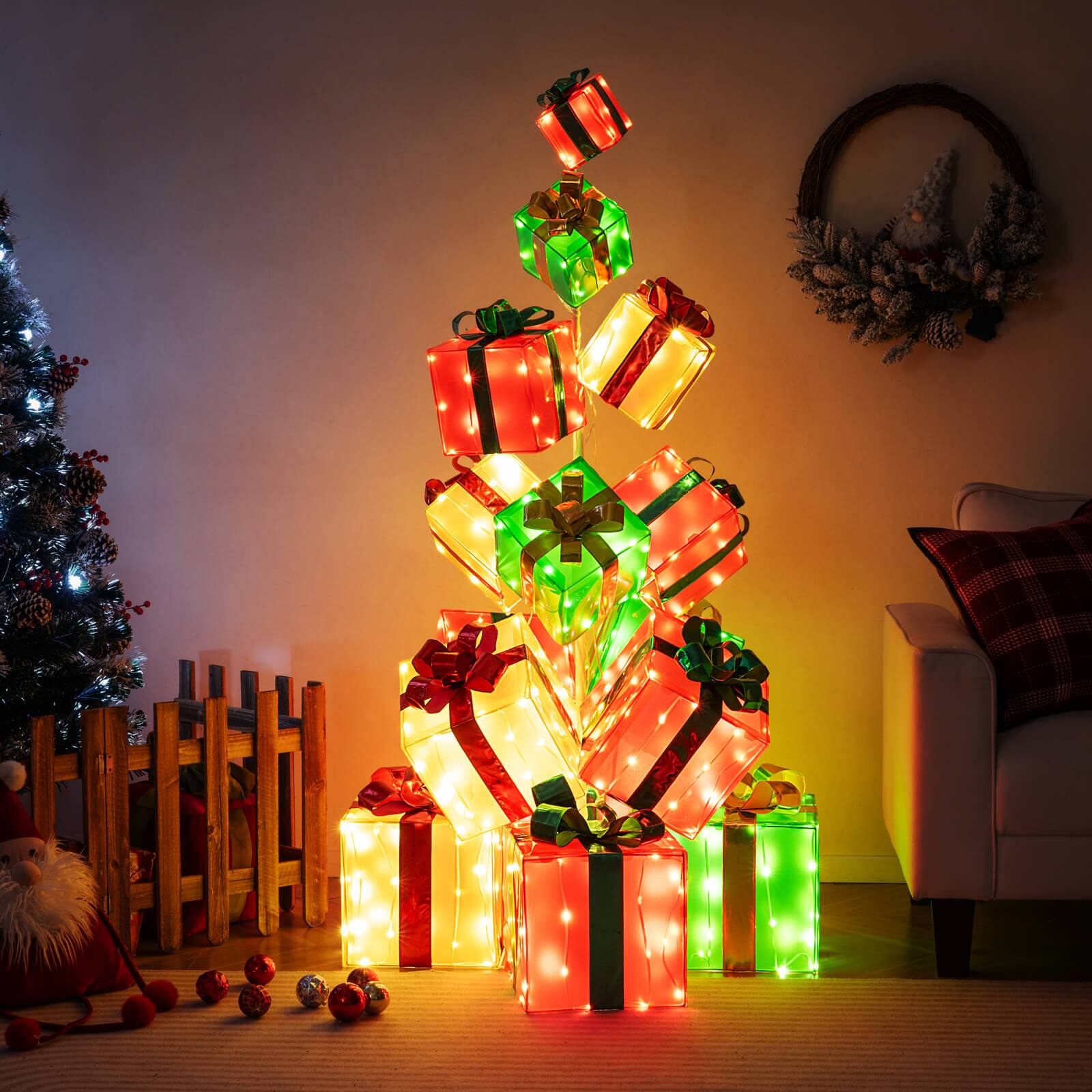 Alt View 3. Costway - Costway 5.6 FT Pre-Lit Gift Box Tower with Bowknot & 483 LED Light Bulbs, Ground Stakes - Multicolor.