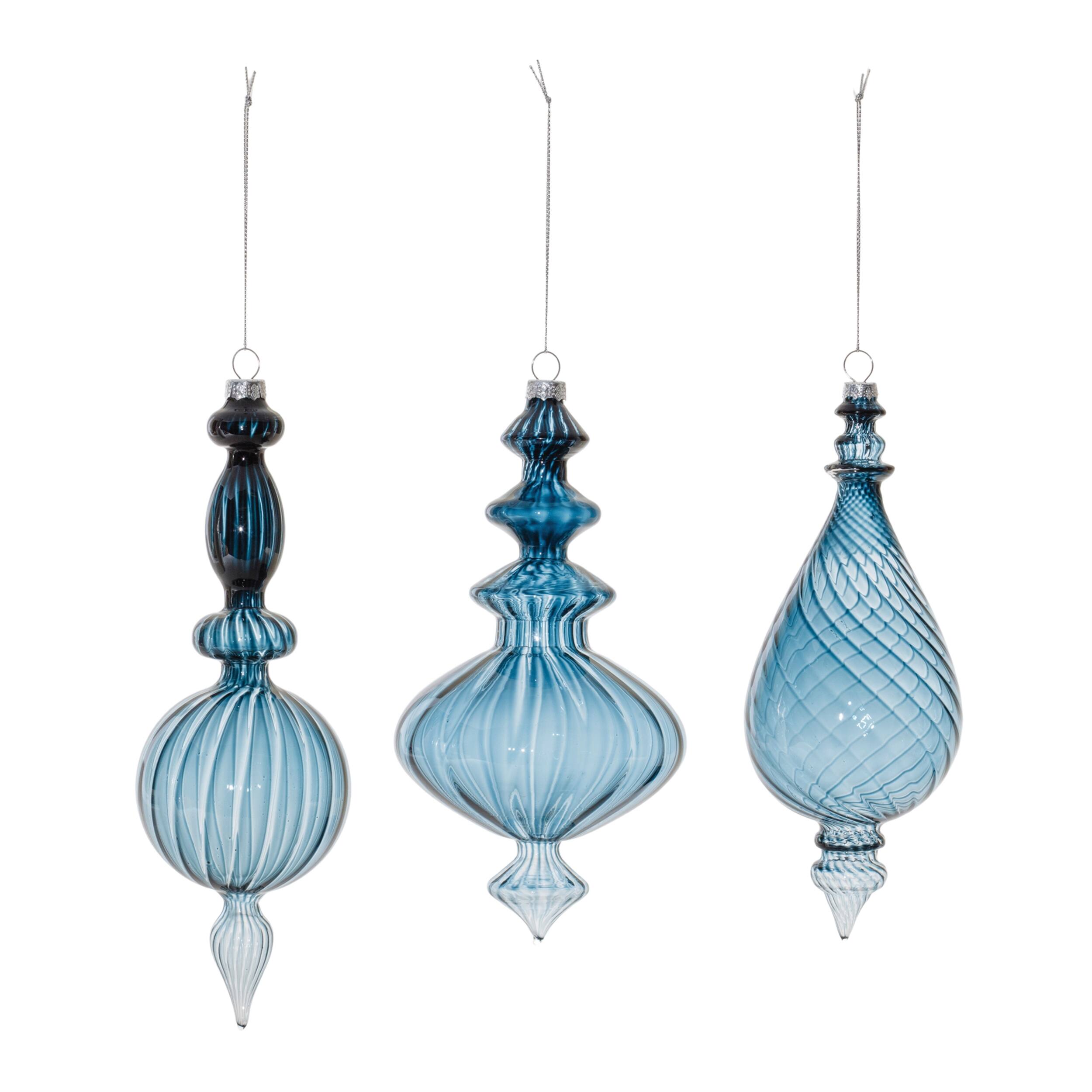 Angle. BreeBe - Blue Ribbed Glass Finial Drop Ornament (Set of 6) - Blue.