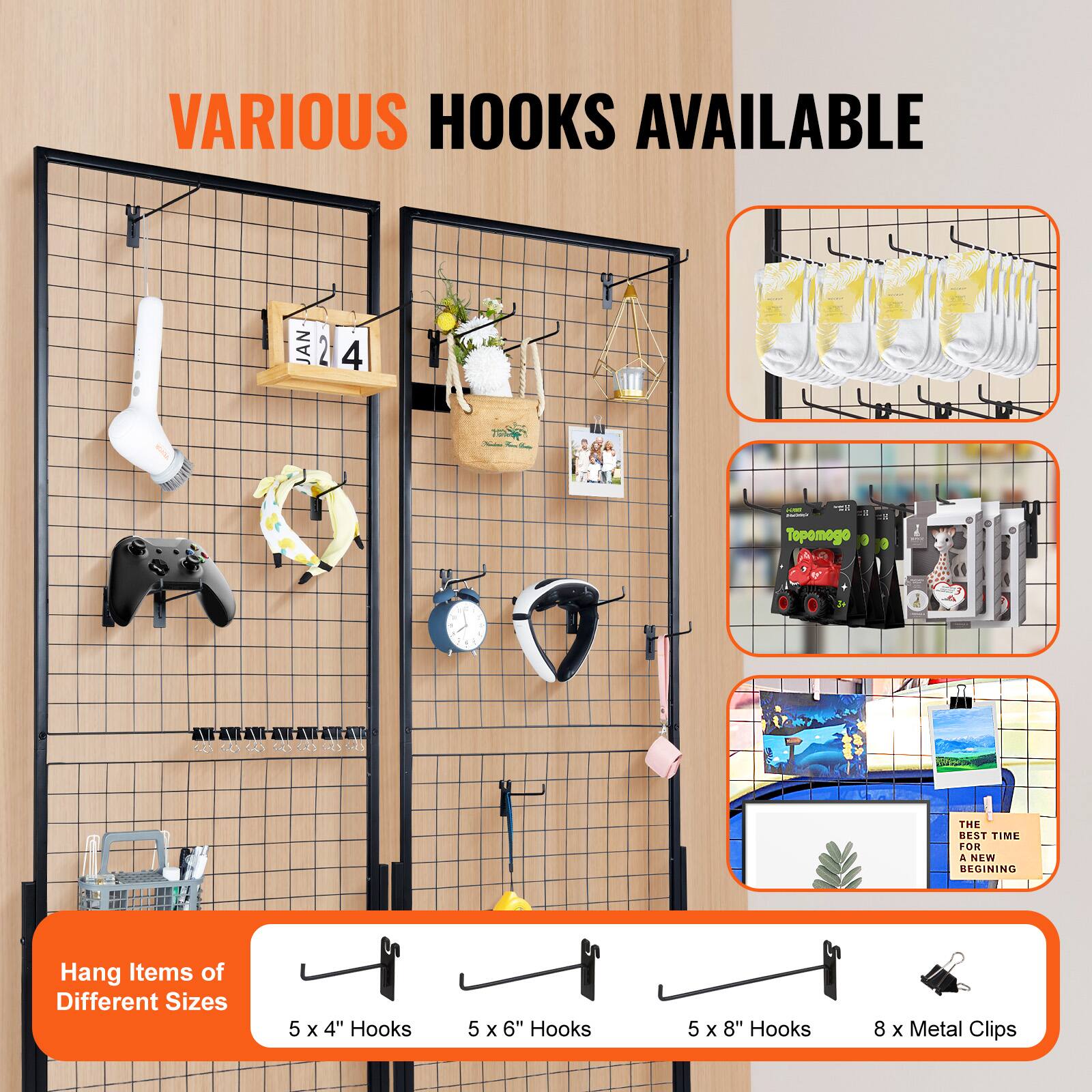 VARIOUS HOOKS AVAILABLE

Hang Items of Different Sizes

5 x 4" Hooks
5 x 6" Hooks
5 x 8" Hooks
8 x Metal Clips