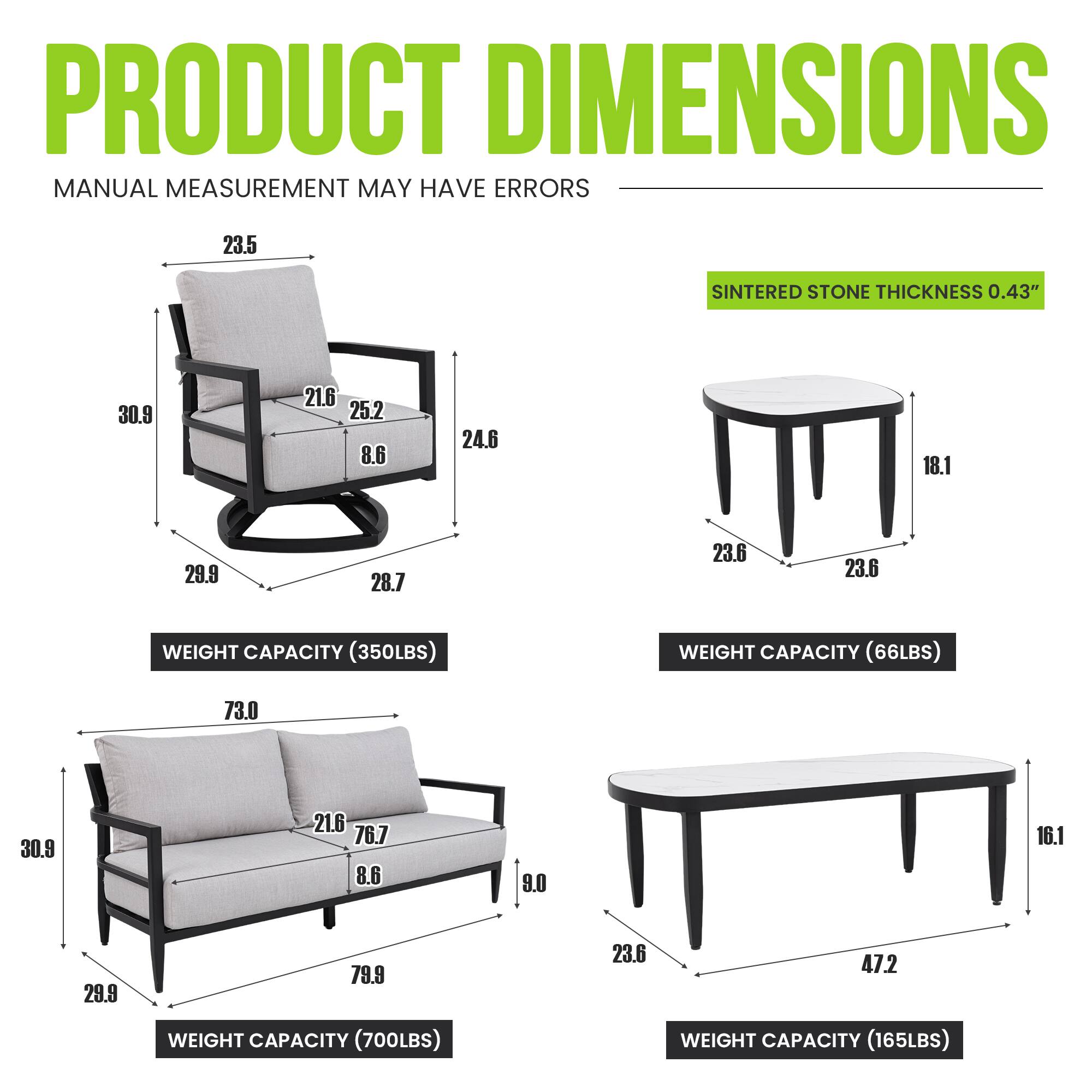 PRODUCT DIMENSIONS  
MANUAL MEASUREMENT MAY HAVE ERRORS  

23.5  
30.9  
21.6  
25.2  
8.6  
24.6  
18.1  
29.9  
28.7  
23.6  
23.6  

SINTERED STONE THICKNESS 0.43"  

WEIGHT CAPACITY (350LBS)  
WEIGHT CAPACITY (66LBS)  
WEIGHT CAPACITY (700LBS)  
WEIGHT CAPACITY (165LBS)  

73.0  
30.9  
21.6  
76.7  
8.6  
9.0  
16.1  
29.9  
79.9  
23.6  
47.2