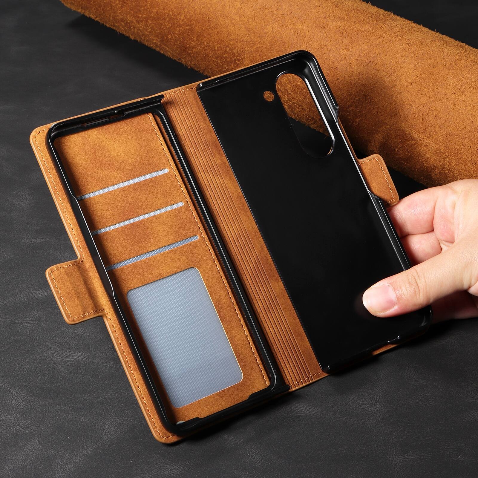 Alt View 1. Dteck - Shockproof PU Leather Case for Samsung Galaxy Z Fold 8 Ultra, Wallet RFID Blocking with Card Slots Flip Stand Cover - Brown.