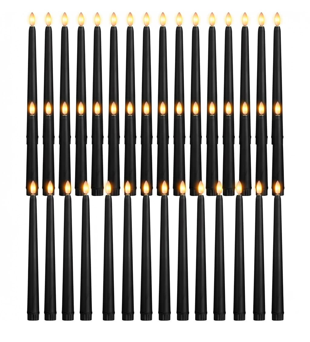 Front. FINEAK - 48-Pack Flameless Taper Candles - 11" Black Plastic, Realistic Yellow Flickering, Long-Lasting Battery-Operated - Black.