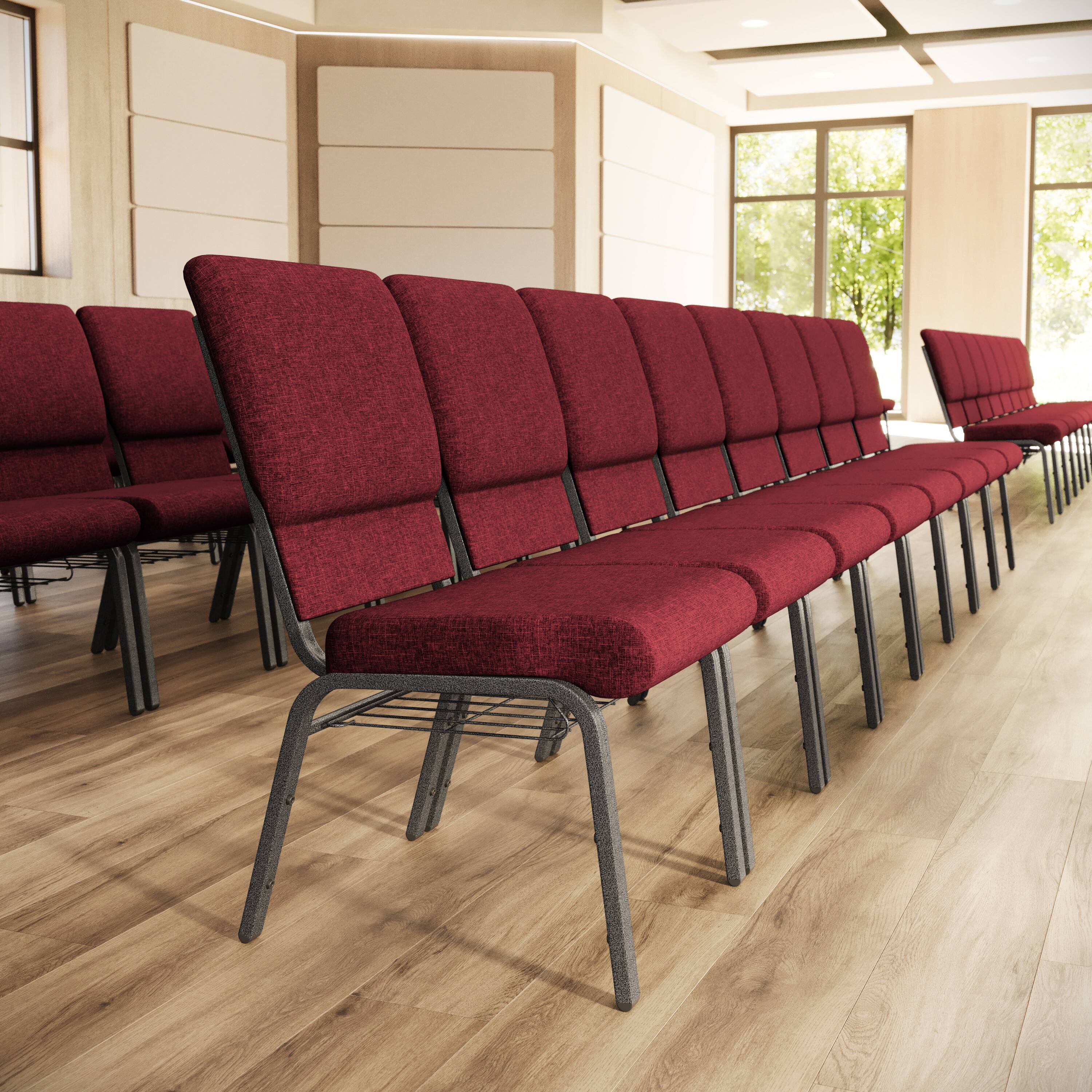 Alt View 1. Emma + Oliver - 18.5"W Church/Reception Guest Chair with Communion Cup Book Rack - Red Fabric/Silver Vein Frame.