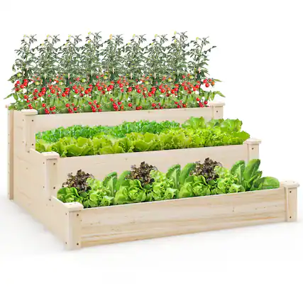 Front. Costway - 3-Tier Wooden Raised Garden Bed with Open-Ended Base Growing Planter for Backyard - Natural.