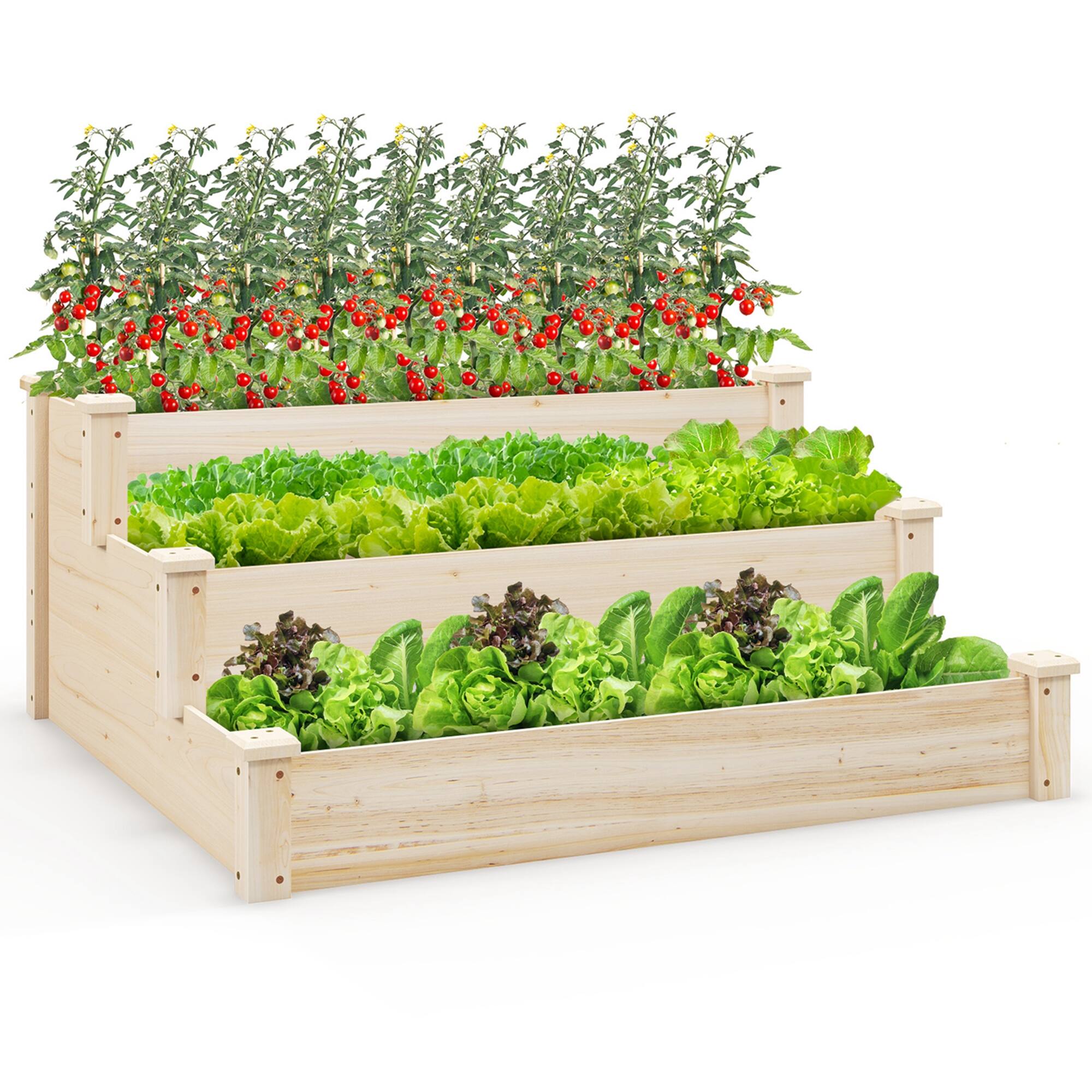 Costway - 3-Tier Wooden Raised Garden Bed with Open-Ended Base Growing Planter for Backyard - Natural