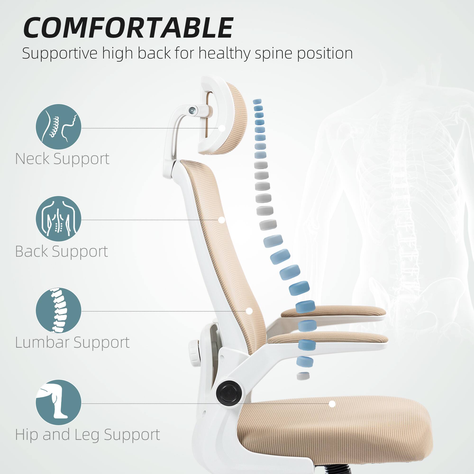 COMFORTABLE Supportive high back for healthy spine position Neck Support Back Support Lumbar Support Hip and Leg Support