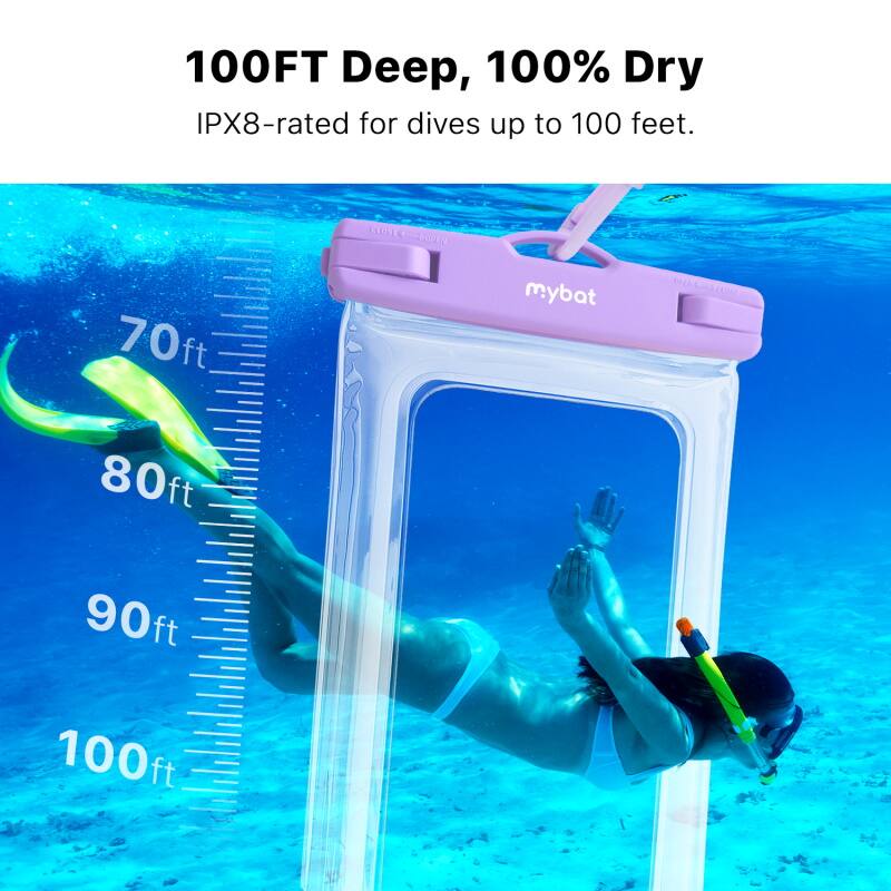 100FT Deep, 100% Dry IPX8-rated for dives up to 100 feet. CLOTEE POPEN 70ft mybat 80ft 90ft 100ft