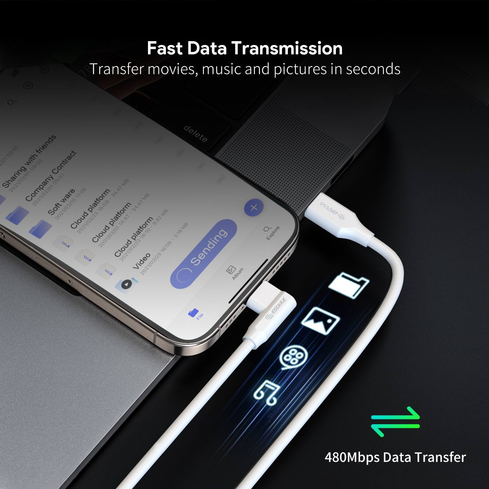 Fast Data Transmission  
Transfer movies, music and pictures in seconds  

- Sharing with friends  
- Company Contract  
- Soft ware  
- Cloud platform  
- Cloud platform  
- Cloud platform  
- Video  
- Sending  
- Album  
- Explore  

480Mbps Data Transfer