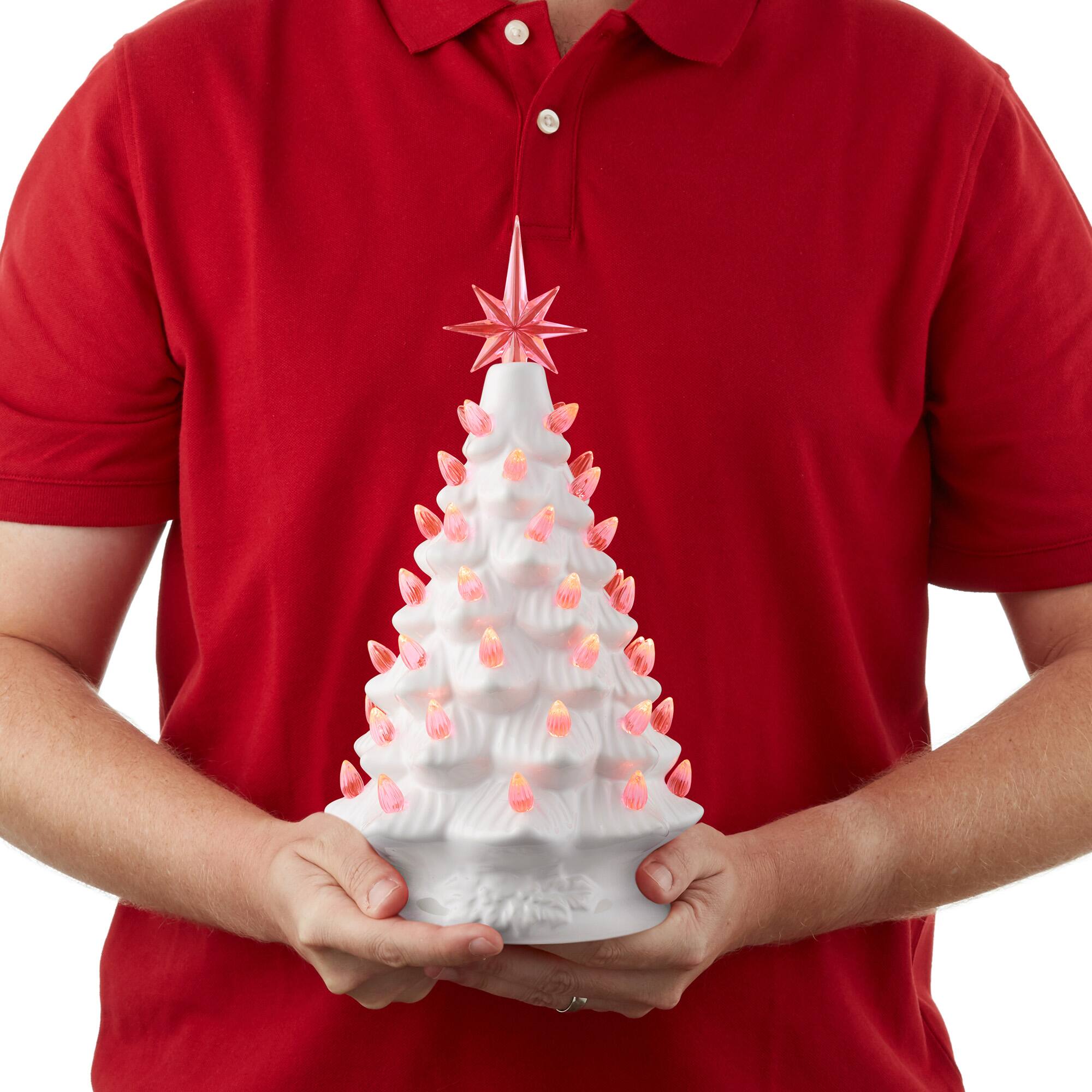 Alt View 2. Casafield - 12-in Hand Painted Ceramic Christmas Tree - Pre-Lit Tree with Star - White w/ Pink Blue Lights.