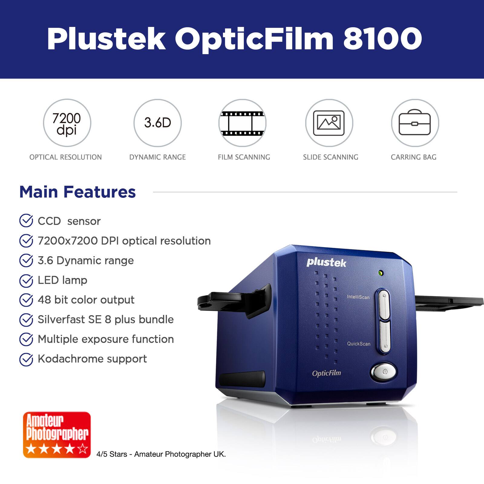 Plustek OpticFilm 8100 35mm Negative Film/Slide Scanner with 7200
