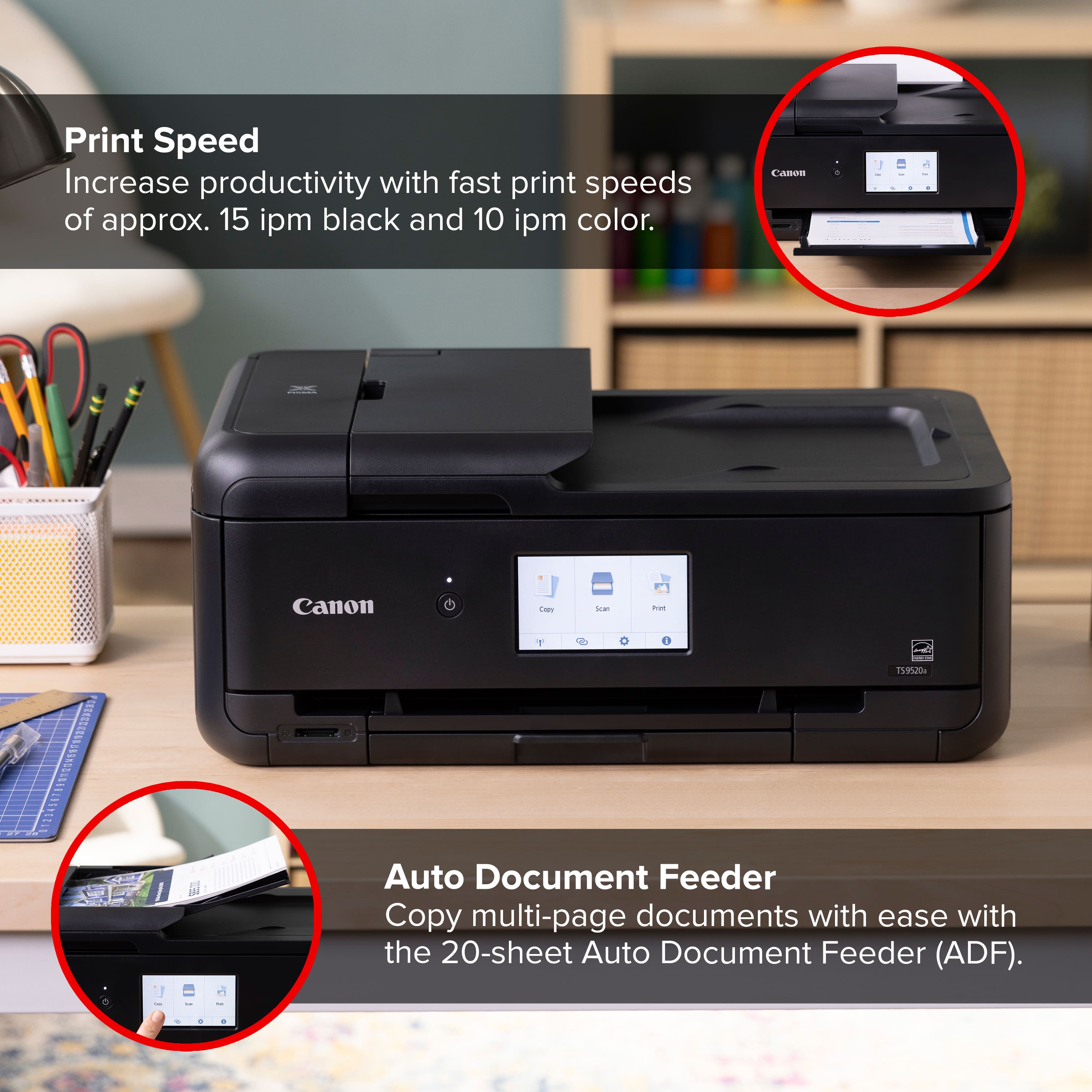 The image features a Canon printer with a 20-sheet Auto Document Feeder (ADF) that allows for easy copying of multi-page documents. The printer is designed to increase productivity with fast print speeds of approximately 15 ipm for black and white prints and 10 ipm for color prints. This high-speed printer is ideal for busy offices and individuals who need to print multiple documents quickly and efficiently.