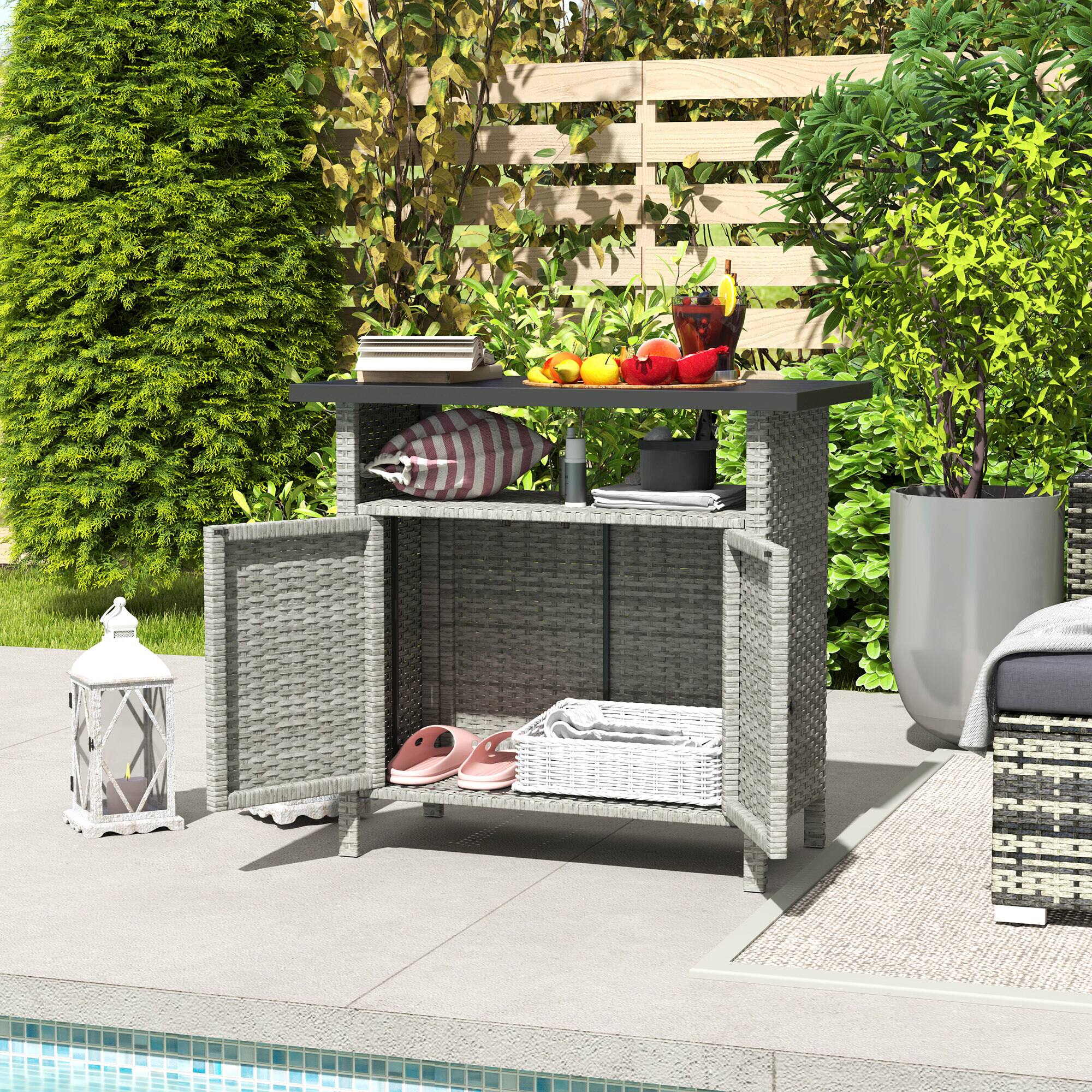 Alt View 8. Outsunny - Wicker Outdoor Storage Cabinet, Rattan Outdoor Bar Table with 2 Doors and Shelf, Outdoor Buffet Cabinet Sideboard - Gray.