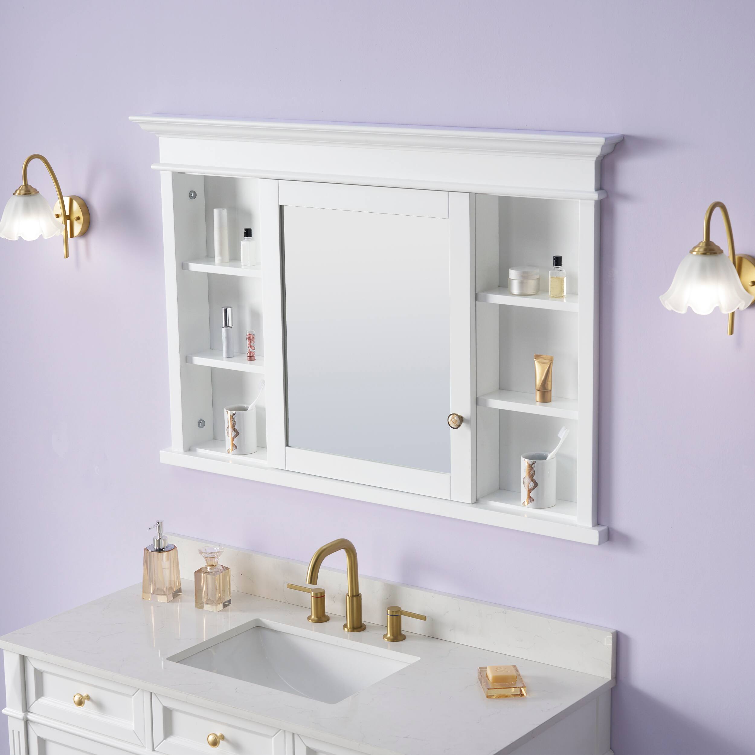 Left. WELLFOR - 48-Inch W x 32-Inch H Recessed Solid Rubberwood Medicine Cabinet with Single Mirrored Door - White.