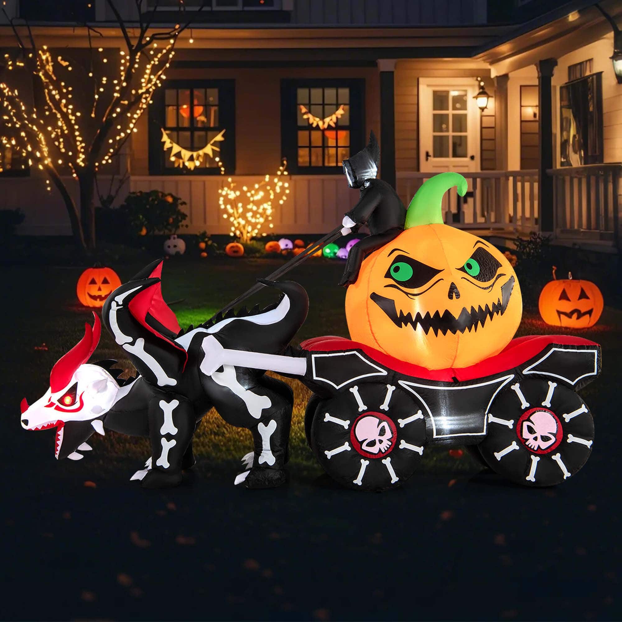 Costway - 9 FT Long Halloween Inflatable Decoration Grim Reaper Driving Pumpkin Carriage - Black
