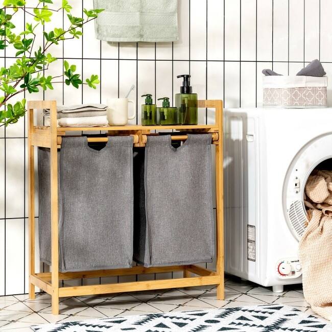 Left. Hivvago - Natural Bamboo 2 Bin Sliding Laundry Hamper with Storage Shelf - Natural, Grey.