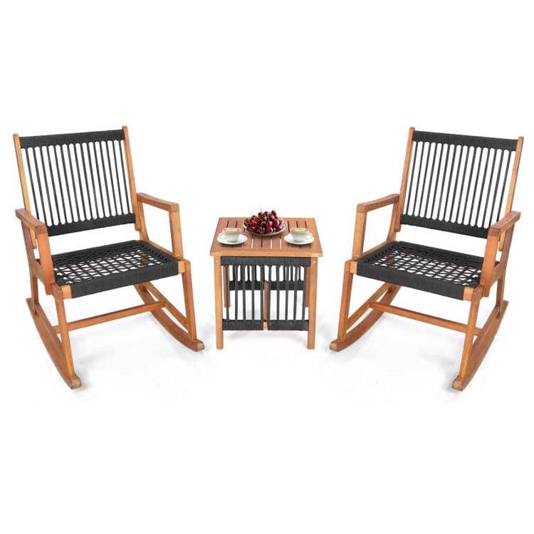 Hivvago - 3 Piece Outdoor Wood Patio Furniture Rocking Chair Table Bistro Set - Black, Natural
