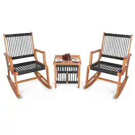 Hivvago - 3 Piece Outdoor Wood Patio Furniture Rocking Chair Table Bistro Set - Black, Natural