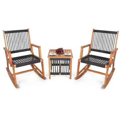 Front. Hivvago - 3 Piece Outdoor Wood Patio Furniture Rocking Chair Table Bistro Set - Black, Natural.