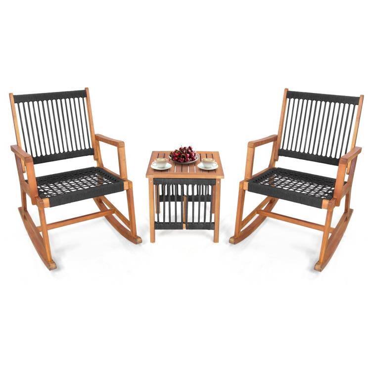 Front. Hivvago - 3 Piece Outdoor Wood Patio Furniture Rocking Chair Table Bistro Set - Black, Natural.