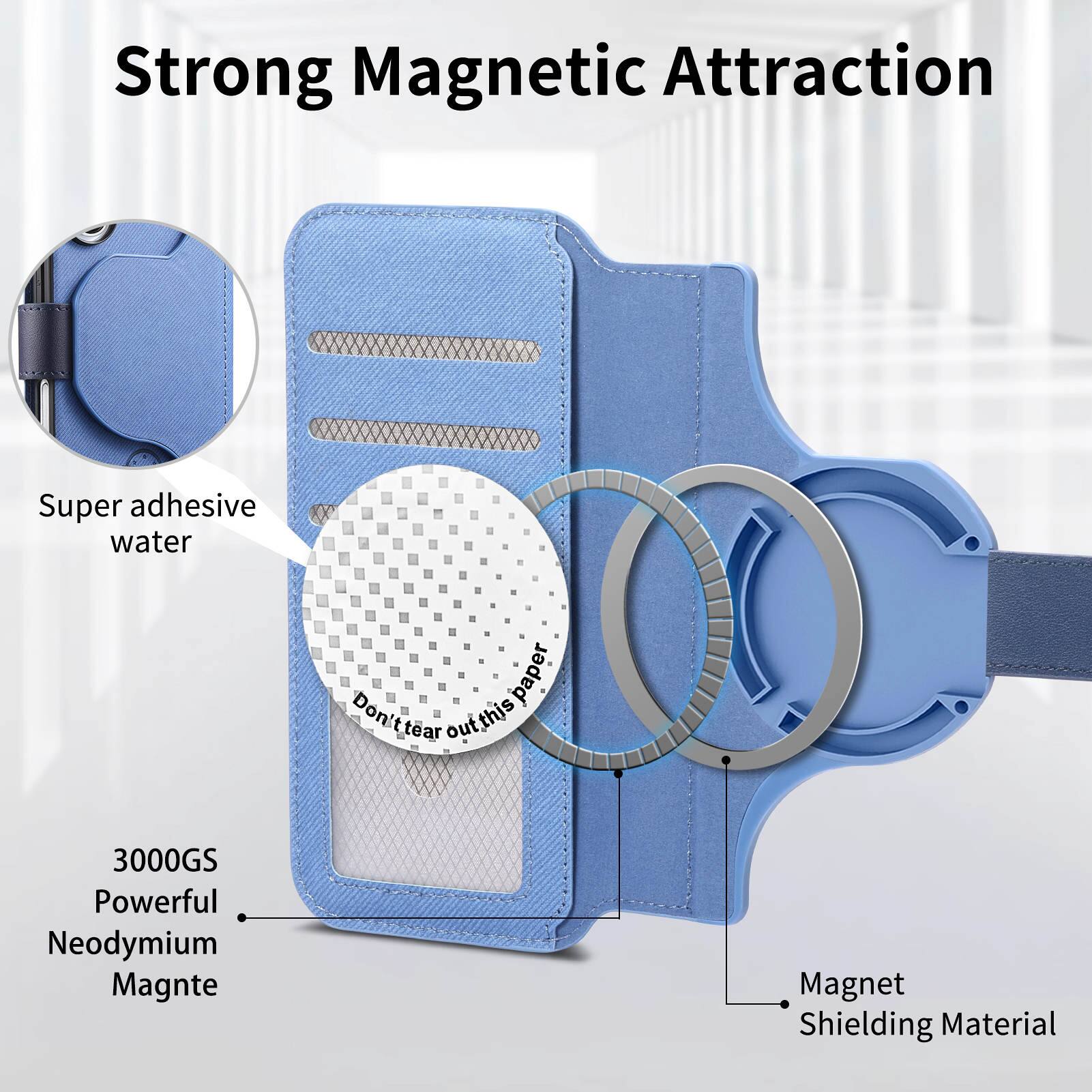 Strong Magnetic Attraction  
Super adhesive water paper  
Don't tear out this paper  
3000GS Powerful Neodymium Magnet  
Magnet Shielding Material