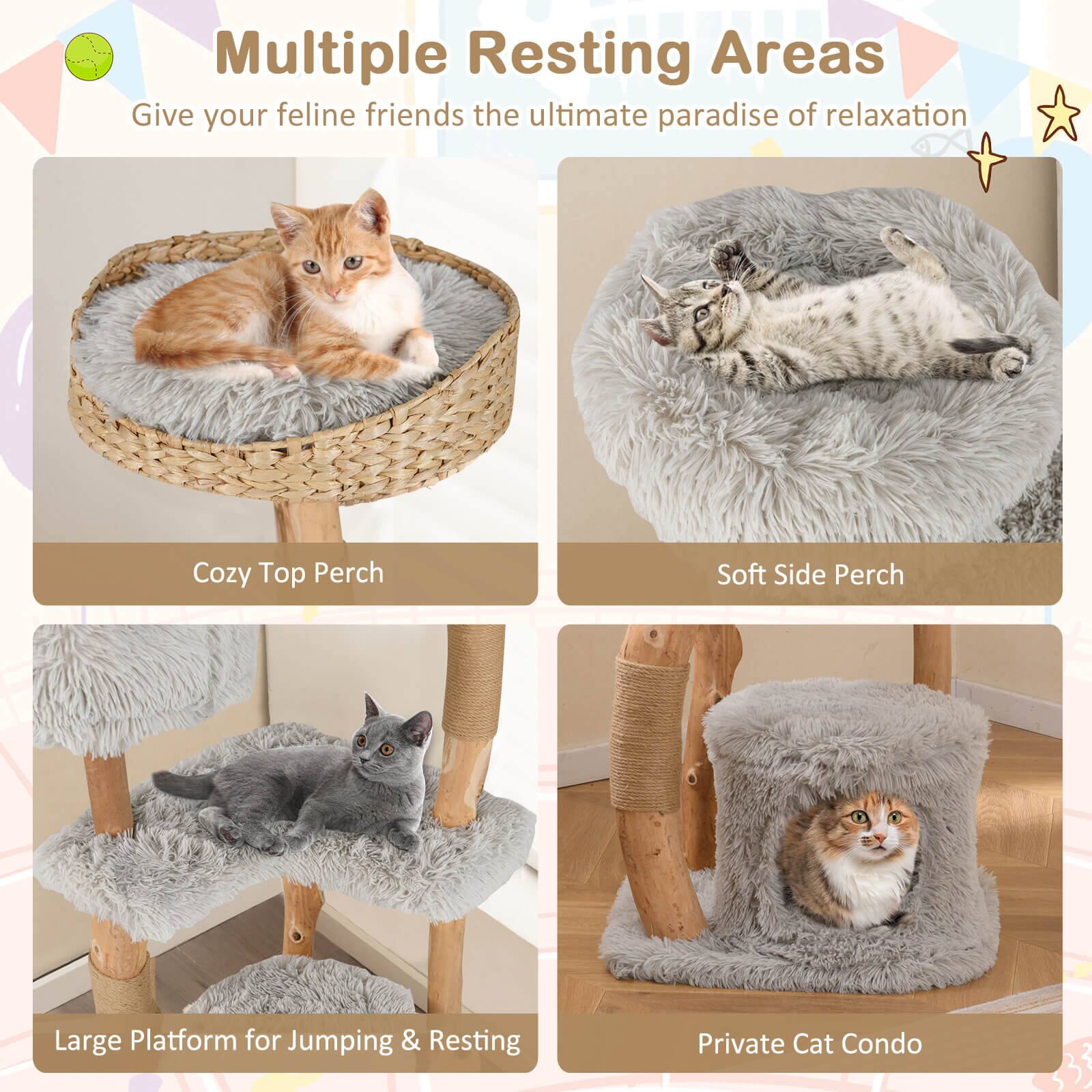 Multiple Resting Areas  
Give your feline friends the ultimate paradise of relaxation  

Cozy Top Perch  
Soft Side Perch  
Large Platform for Jumping & Resting  
Private Cat Condo