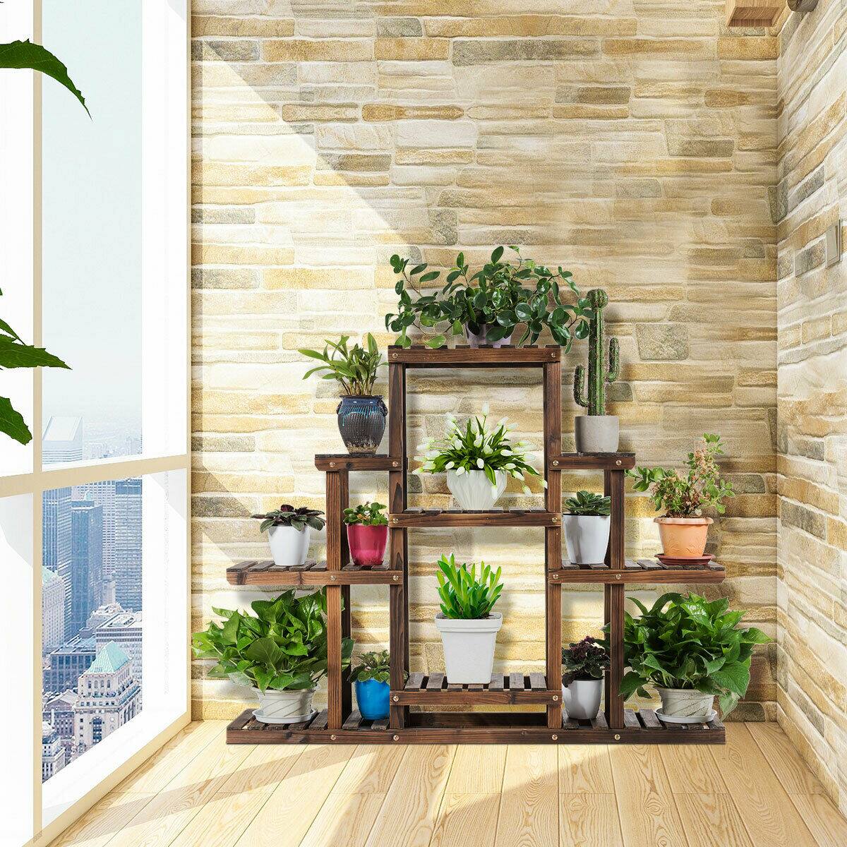 Alt View 2. Gymax - Gymax 6-Tier Flower Wood Stand Plant Display Rack Multifunctional Storage Shelf - Carbon Baking.