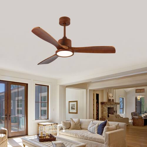 Left. LUCKY ONE - 52" Low Profile Ceiling Fan with Light Remote App 6-Speed Wood Blades - Natural Wood.