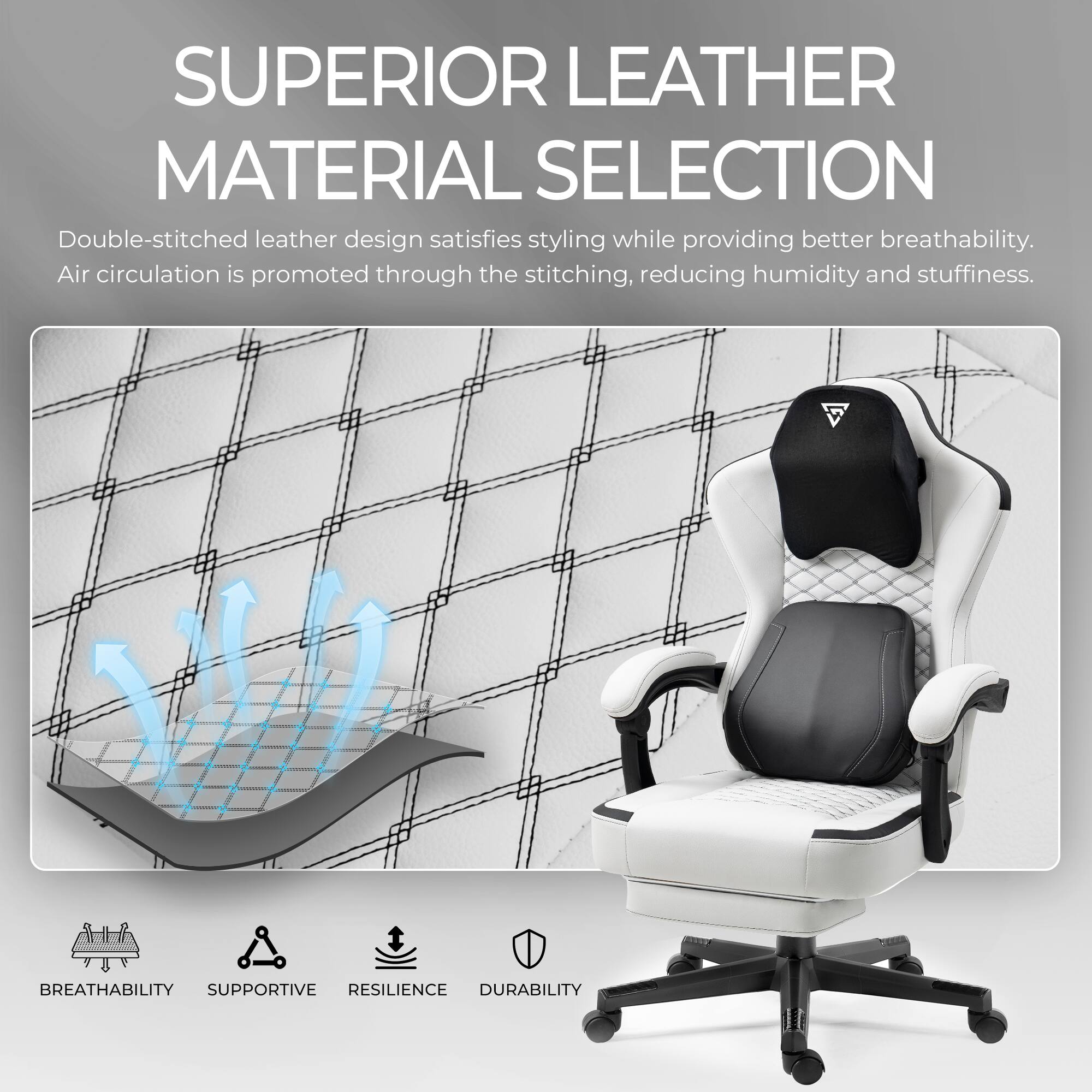 **SUPERIOR LEATHER MATERIAL SELECTION**

Double-stitched leather design satisfies styling while providing better breathability. Air circulation is promoted through the stitching, reducing humidity and stuffiness.

- BREATHABILITY
- SUPPORTIVE
- RESILIENCE
- DURABILITY