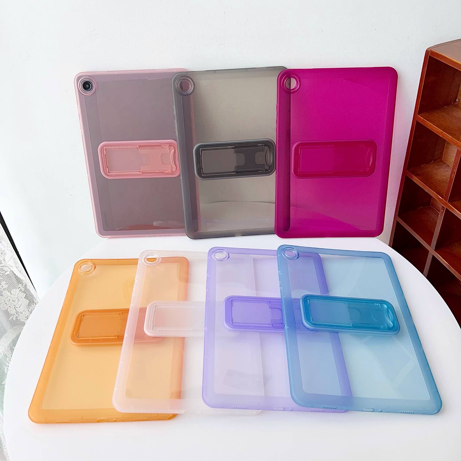 Angle. Dteck - Translucent Case for Samsung Galaxy Tab A9+/A9 Plus Case 11" 2023 (SM-X210/X216/X218) with Kickstand PC+TPU Rugged Cover - Orange.
