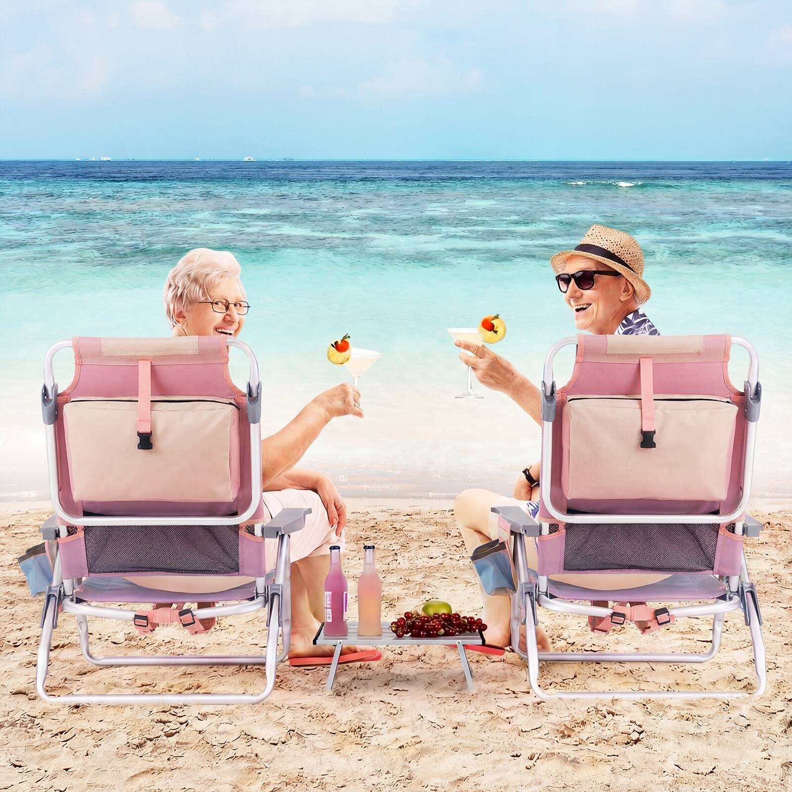 Alt View 3. Costway - Costway 2-Pack Folding Backpack Beach Chair Table Set 5-Position Outdoor Reclining Chair - Pink.