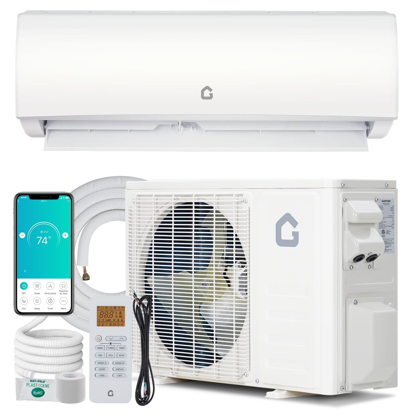 GARVEE - 19 SEER2 9000 BTU Mini Split Air Conditioner & Heat Pump AC Pre-Charged Condenser & Installation Kit,115V - White