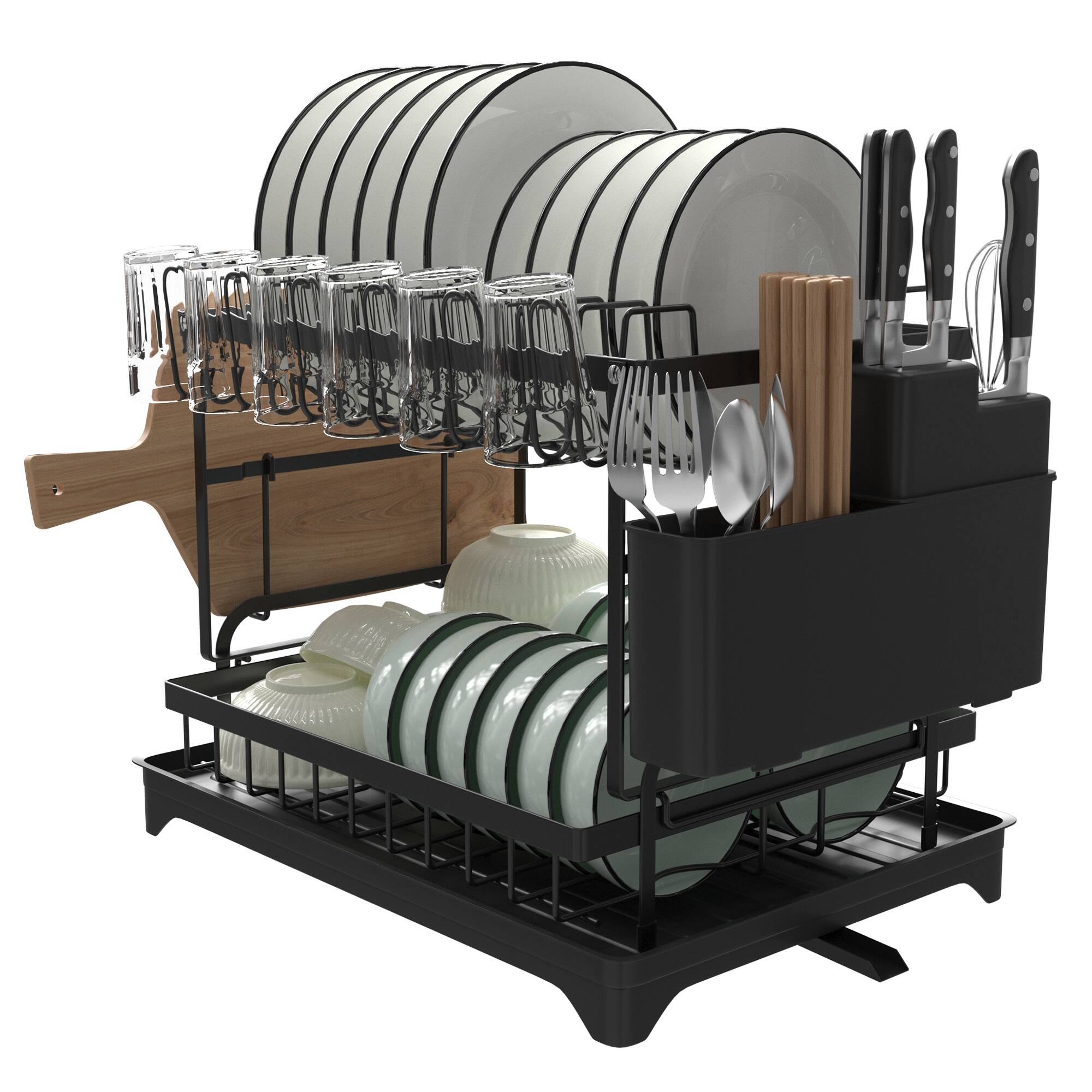 Alt View 3. Malletson - 2 Tier Anti-Rust Dish Drying Rack with Drainage Spout for Kitchen - Black.