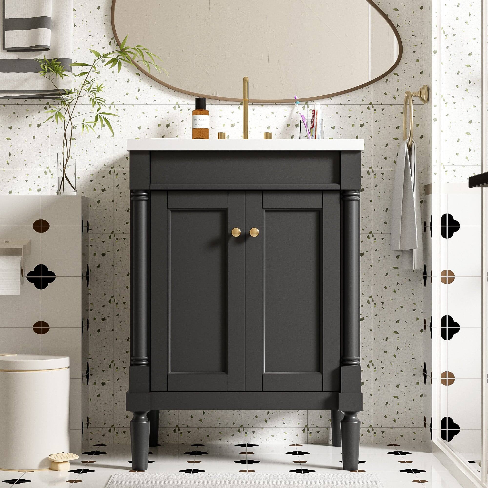 Alt View 1. Boyel Living - 24 Inch Bathroom Vanity Black with Ceramic Sink Solid Wood Frame Double Door Storage - Black.