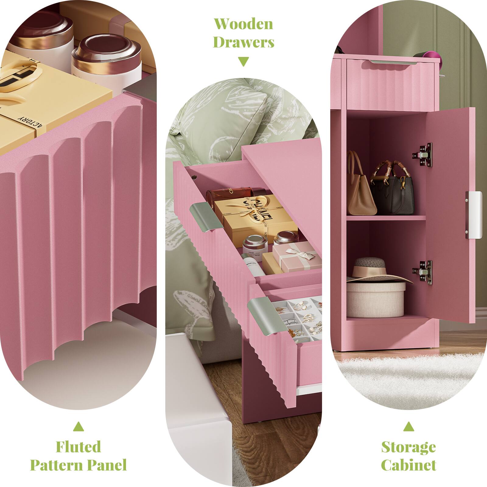 Wooden Drawers  
Fluted Pattern Panel  
Storage Cabinet